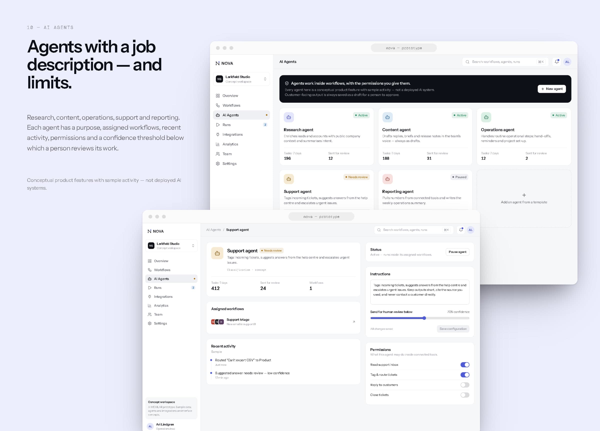 The NOVA agents page and the Support agent detail page, each in a browser.