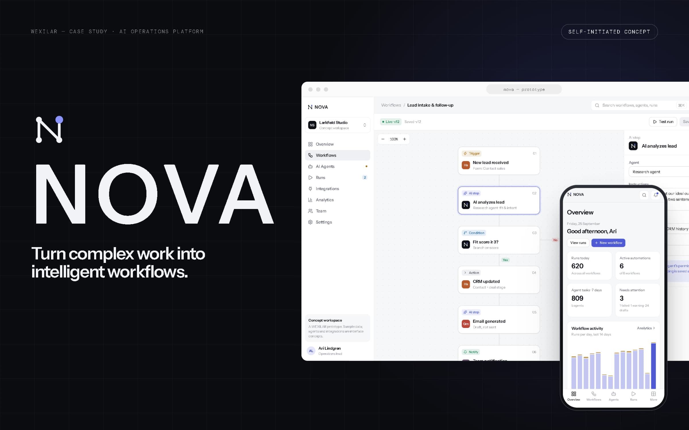 NOVA cover: the N-shaped workflow mark, the NOVA wordmark and 'Turn complex work into intelligent workflows' beside the workflow builder in a browser and the overview on a phone.