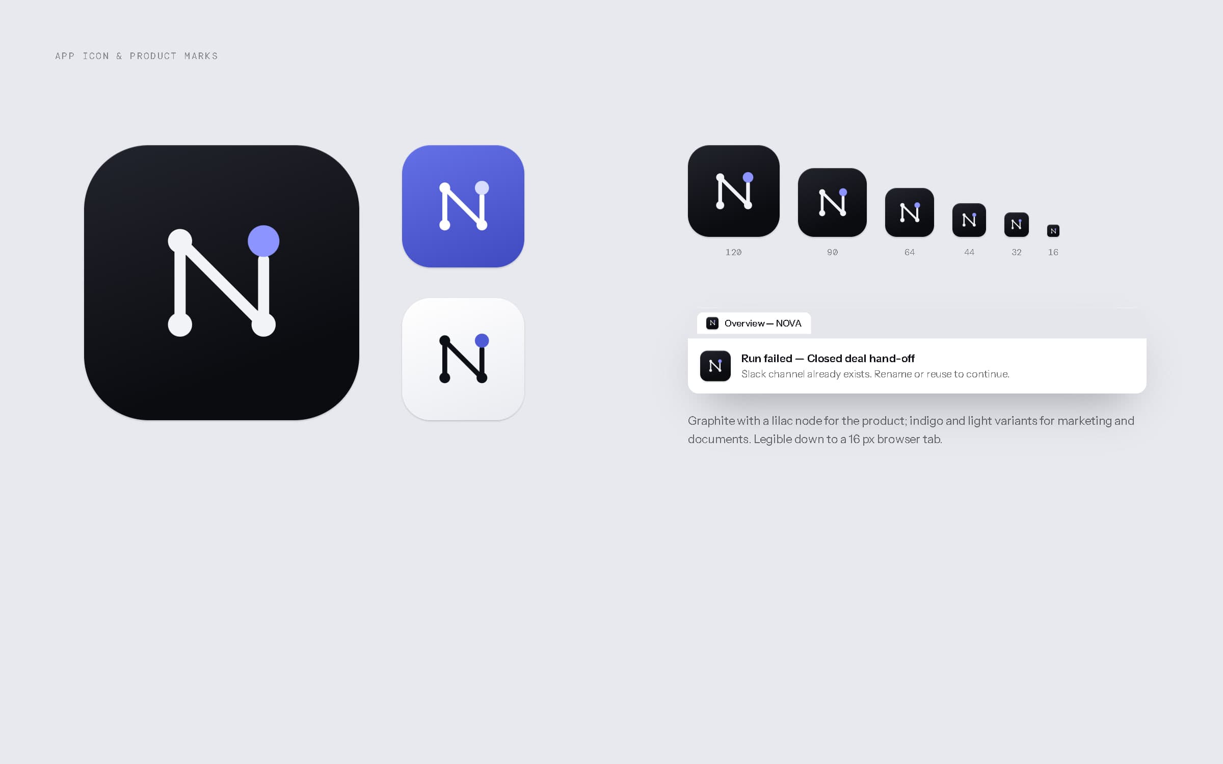 The NOVA app icon in three colourways and six sizes, with a browser tab and a notification.