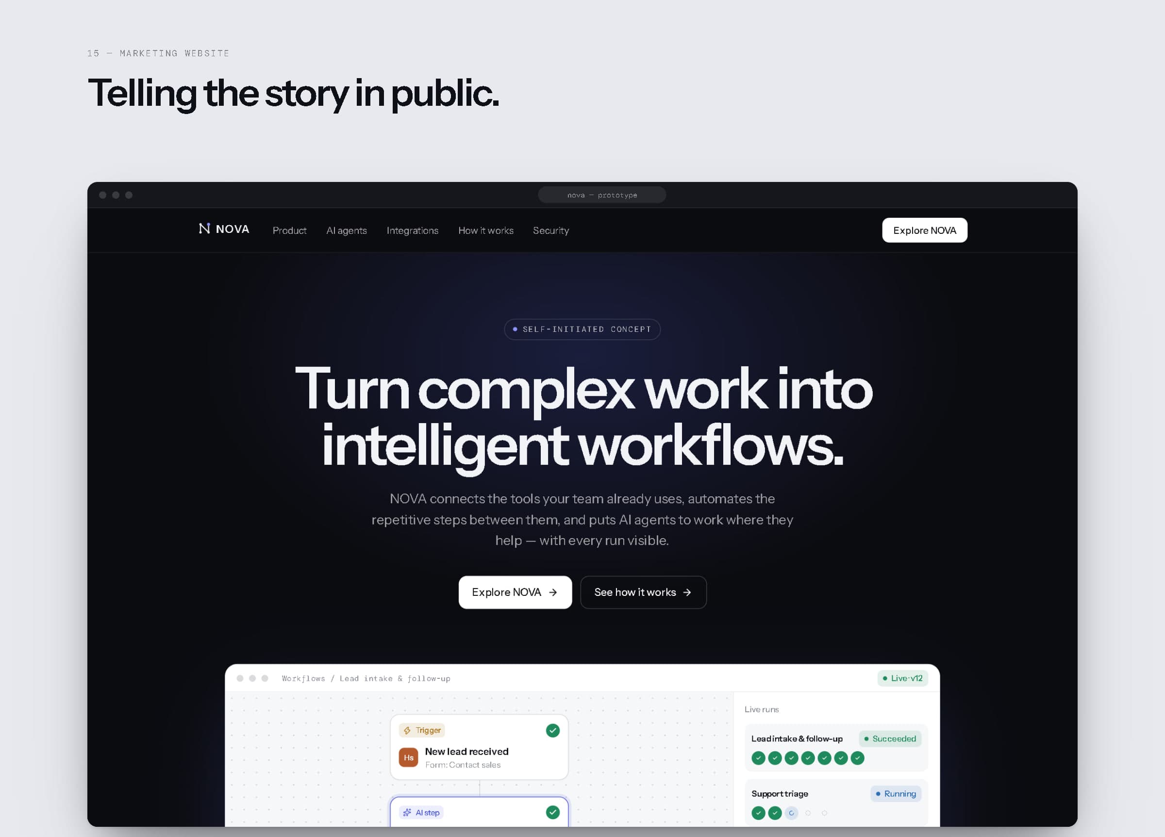 The NOVA marketing website hero in a browser: 'Turn complex work into intelligent workflows' above a live product window.