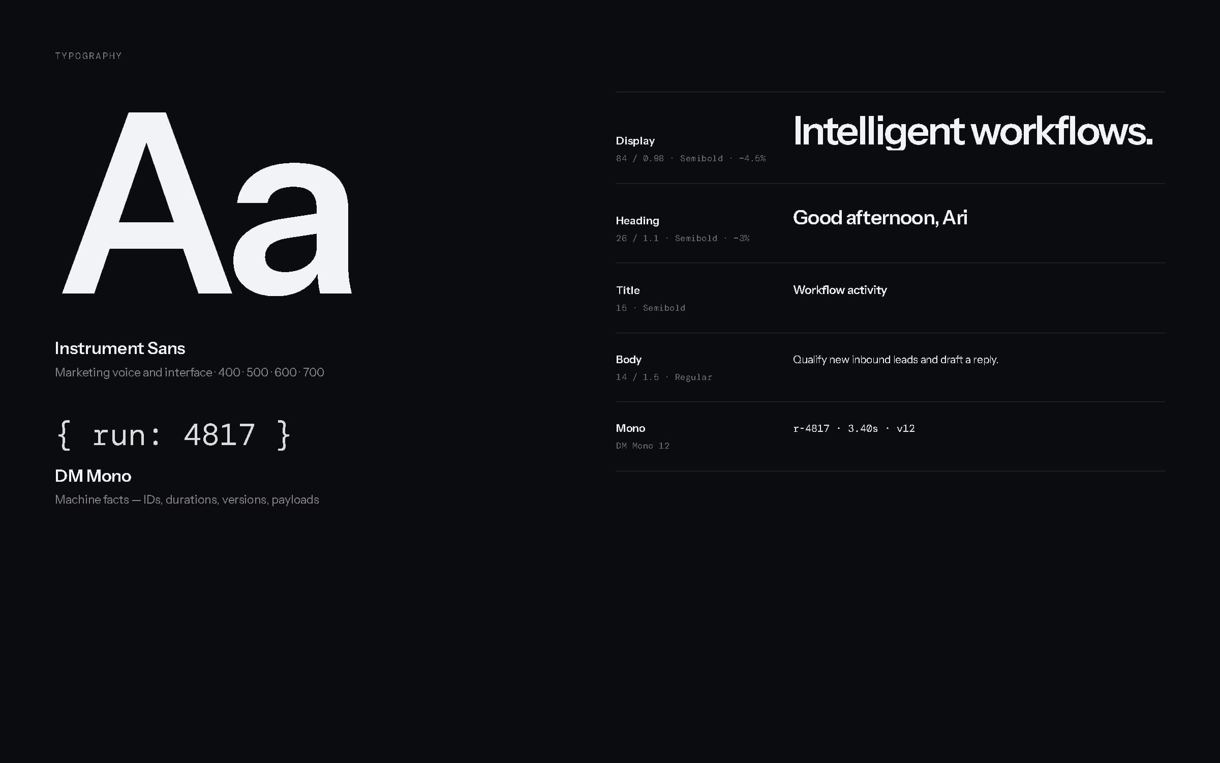 Typography board: a large 'Aa' in Instrument Sans, a DM Mono sample, and a five-step type scale.