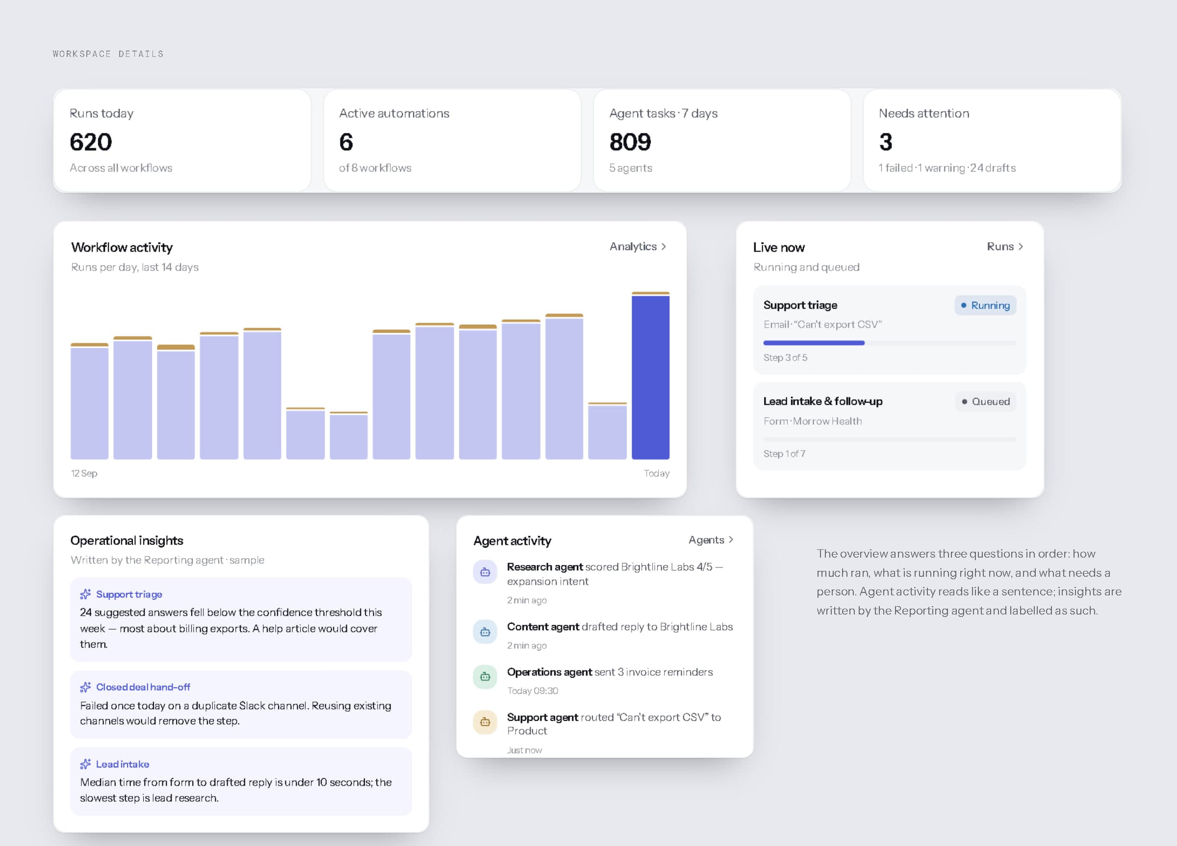 Magnified overview details: metric cards, the workflow activity chart, live runs, operational insights and agent activity.