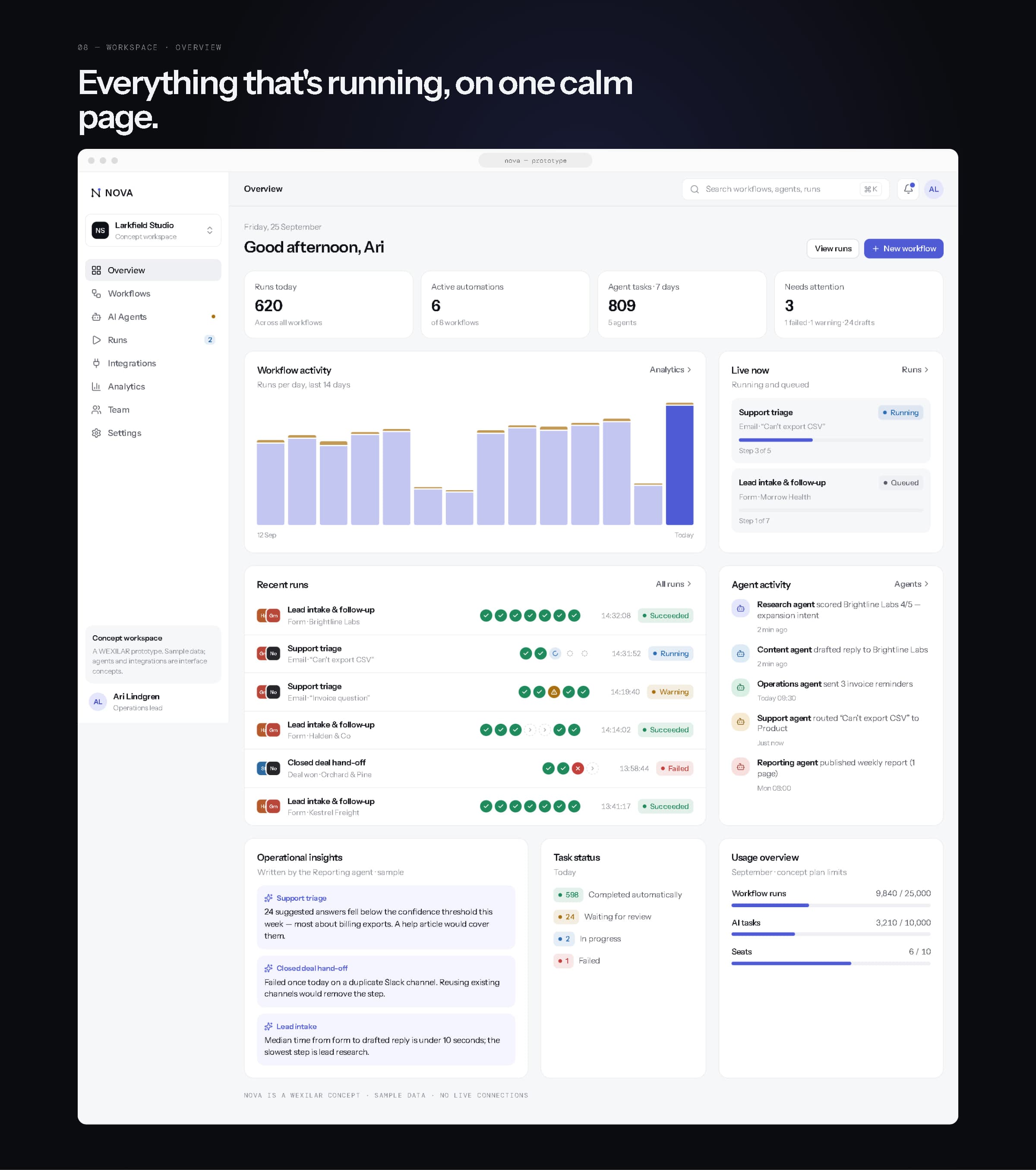 The NOVA workspace overview in a browser: metrics, workflow activity chart, live runs, recent runs, agent activity, insights, task status and usage.
