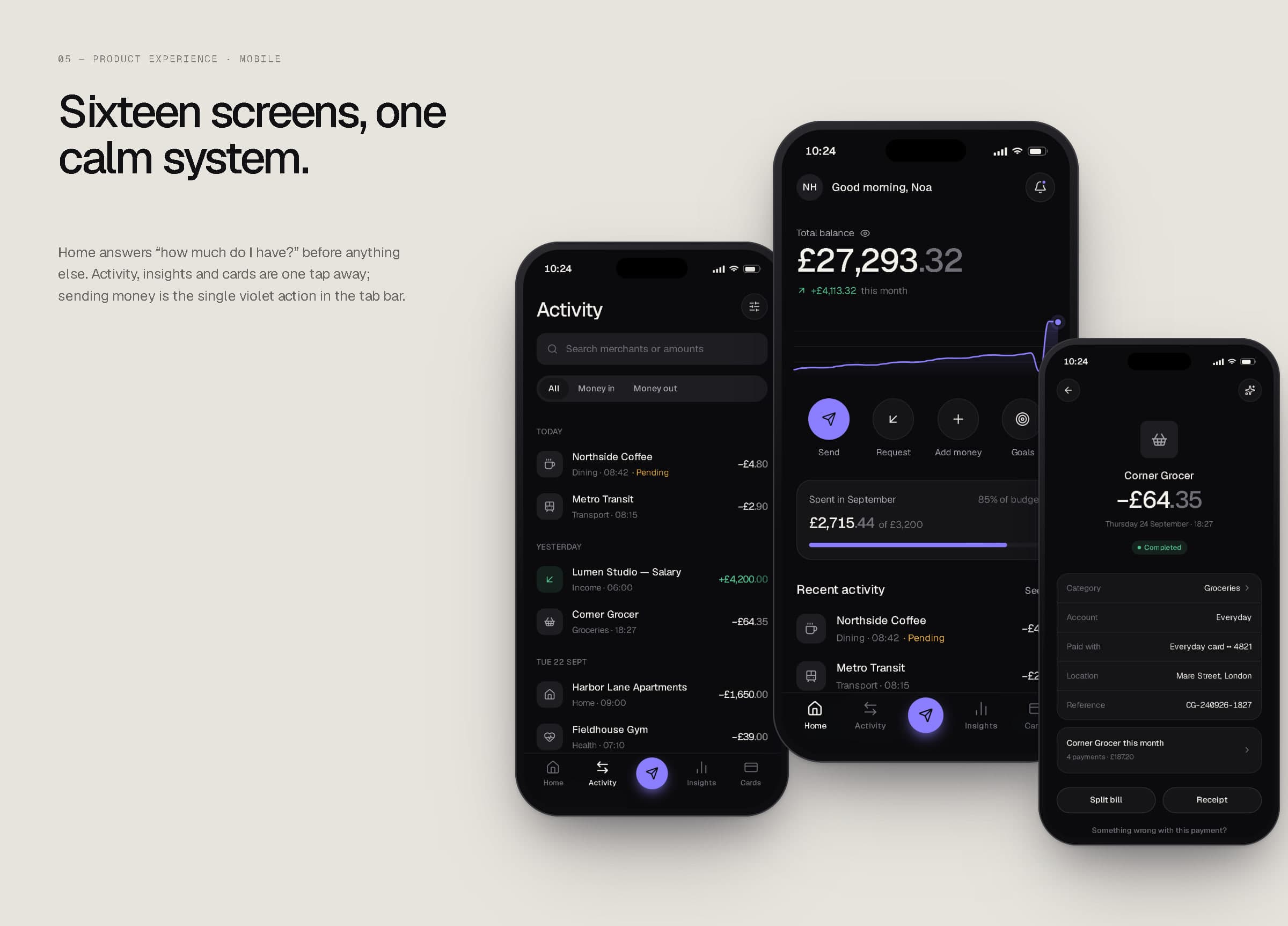 Three phones showing the ORBIT activity list, home screen and a payment detail.