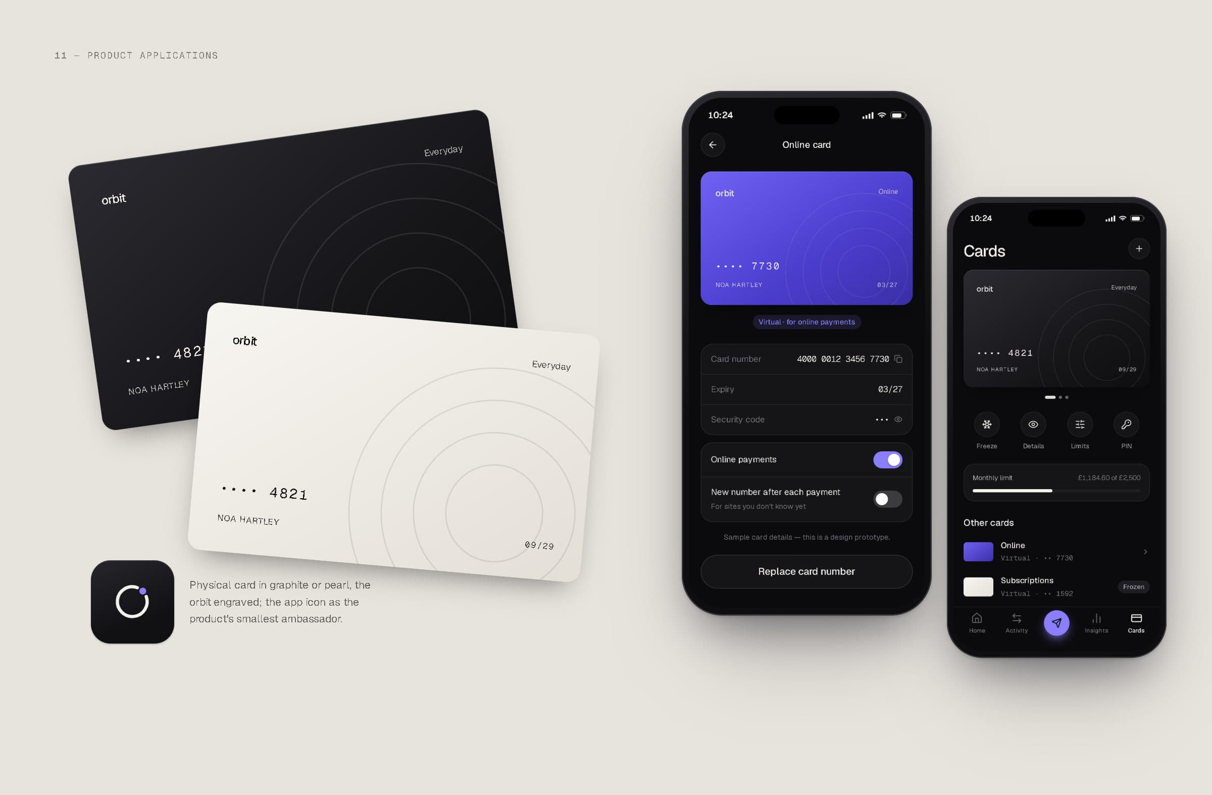 Graphite and pearl ORBIT payment cards, the app icon, and phones showing the virtual card and cards screens.