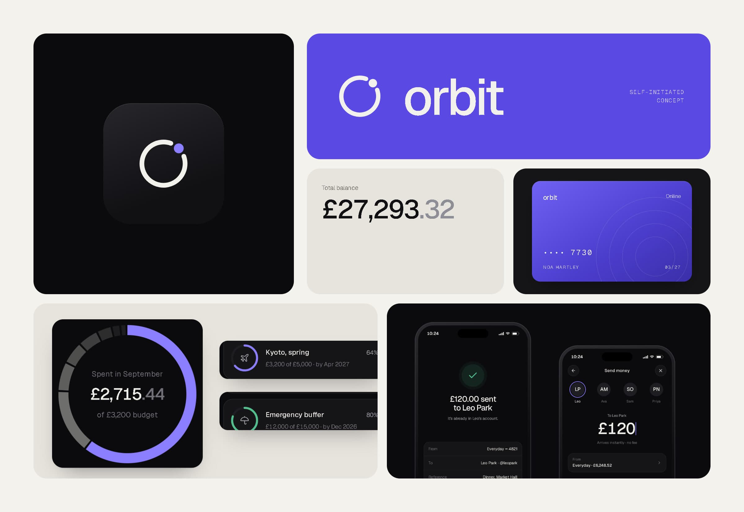 Bento grid of ORBIT: app icon, violet lockup, total balance, virtual card, spending ring, goals and transfer screens.