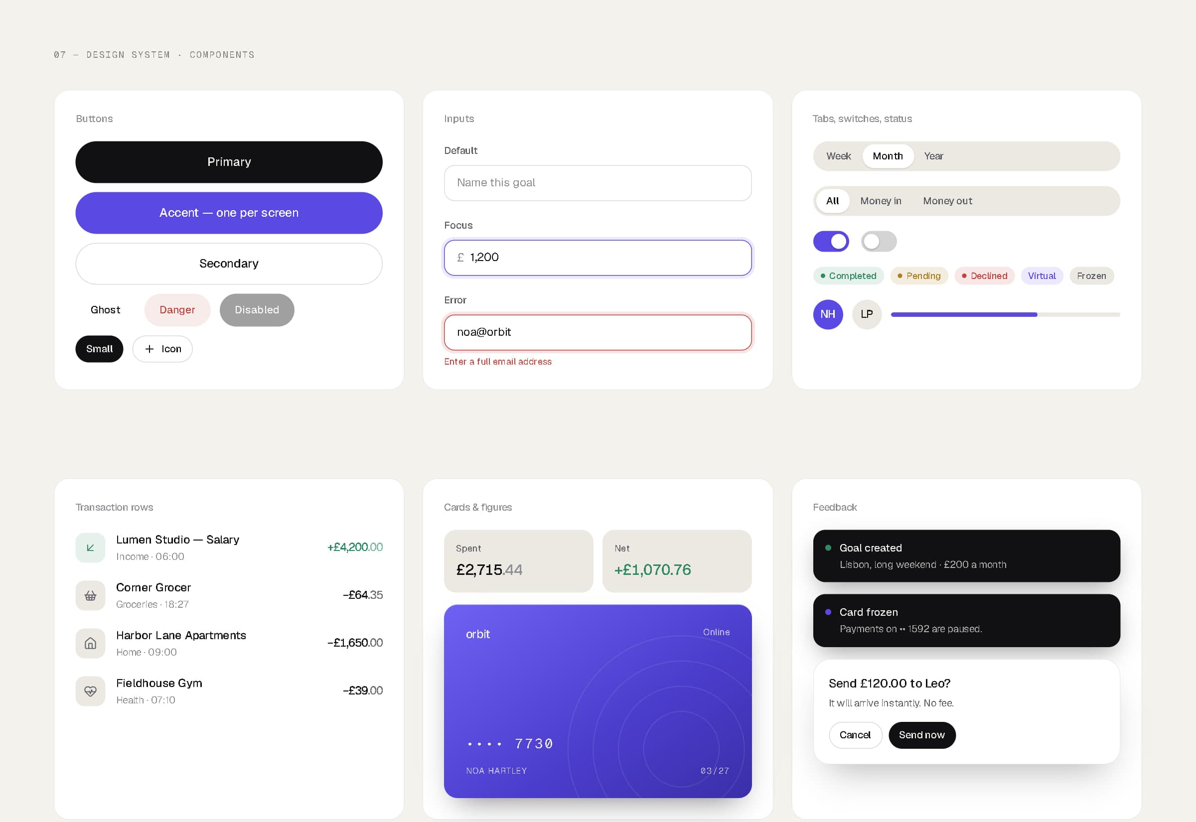 Design system board: buttons, inputs, tabs and switches, status badges, transaction rows, figures, a payment card and feedback toasts.