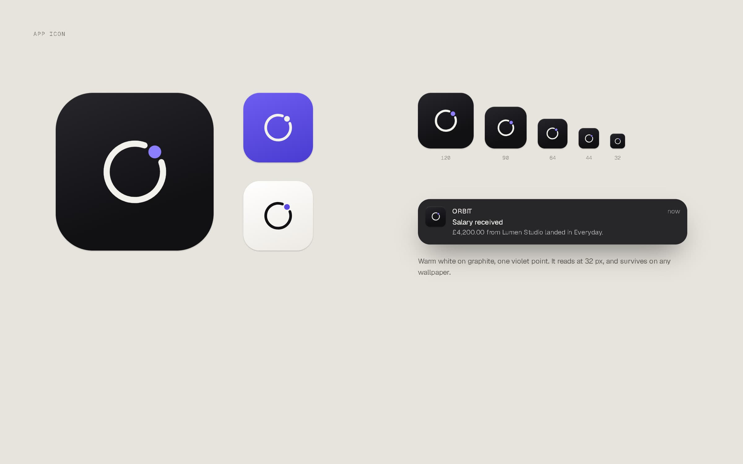 The ORBIT app icon in three colourways and five sizes, and a push notification reading 'Salary received'.