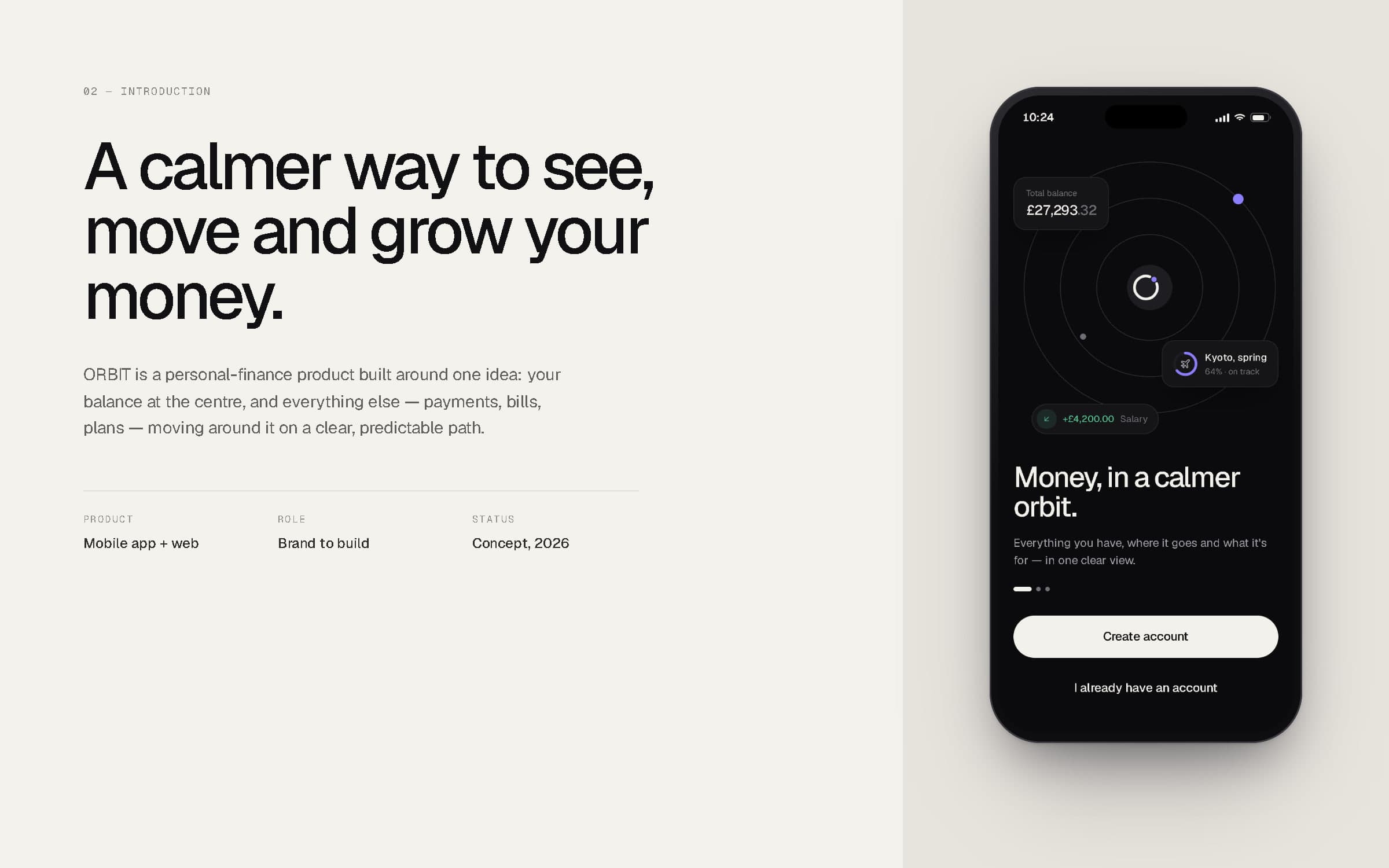 Introduction board: 'A calmer way to see, move and grow your money' beside the ORBIT welcome screen on a phone.