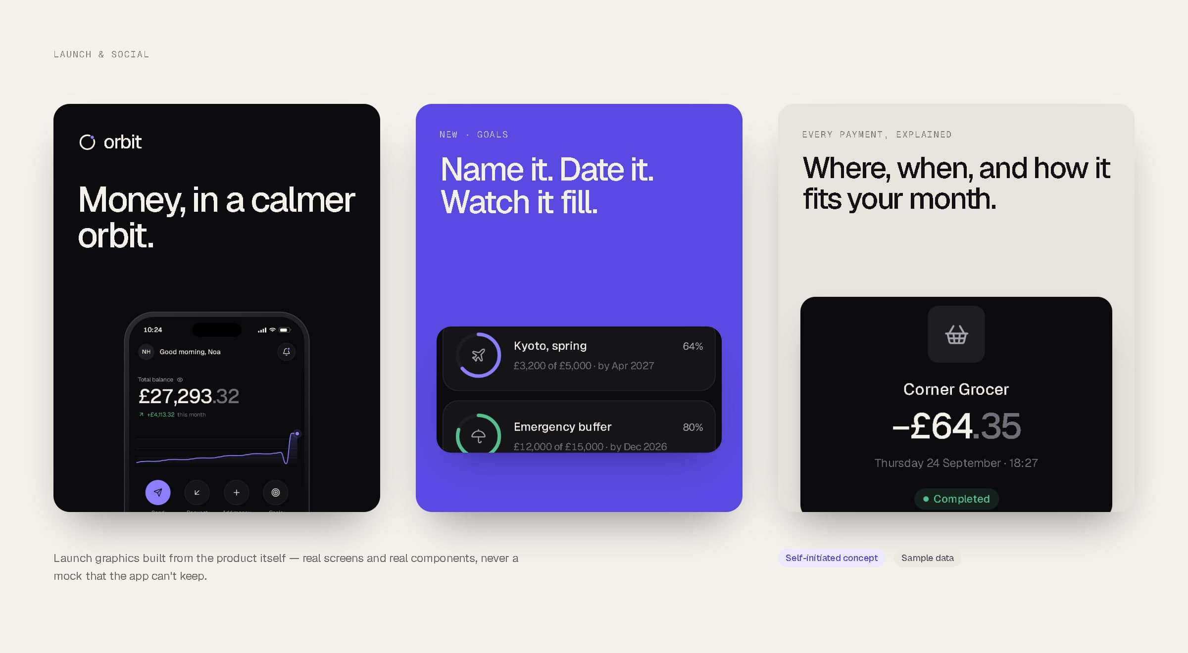 Three launch graphics: 'Money, in a calmer orbit', 'Name it. Date it. Watch it fill.' and 'Where, when, and how it fits your month.'
