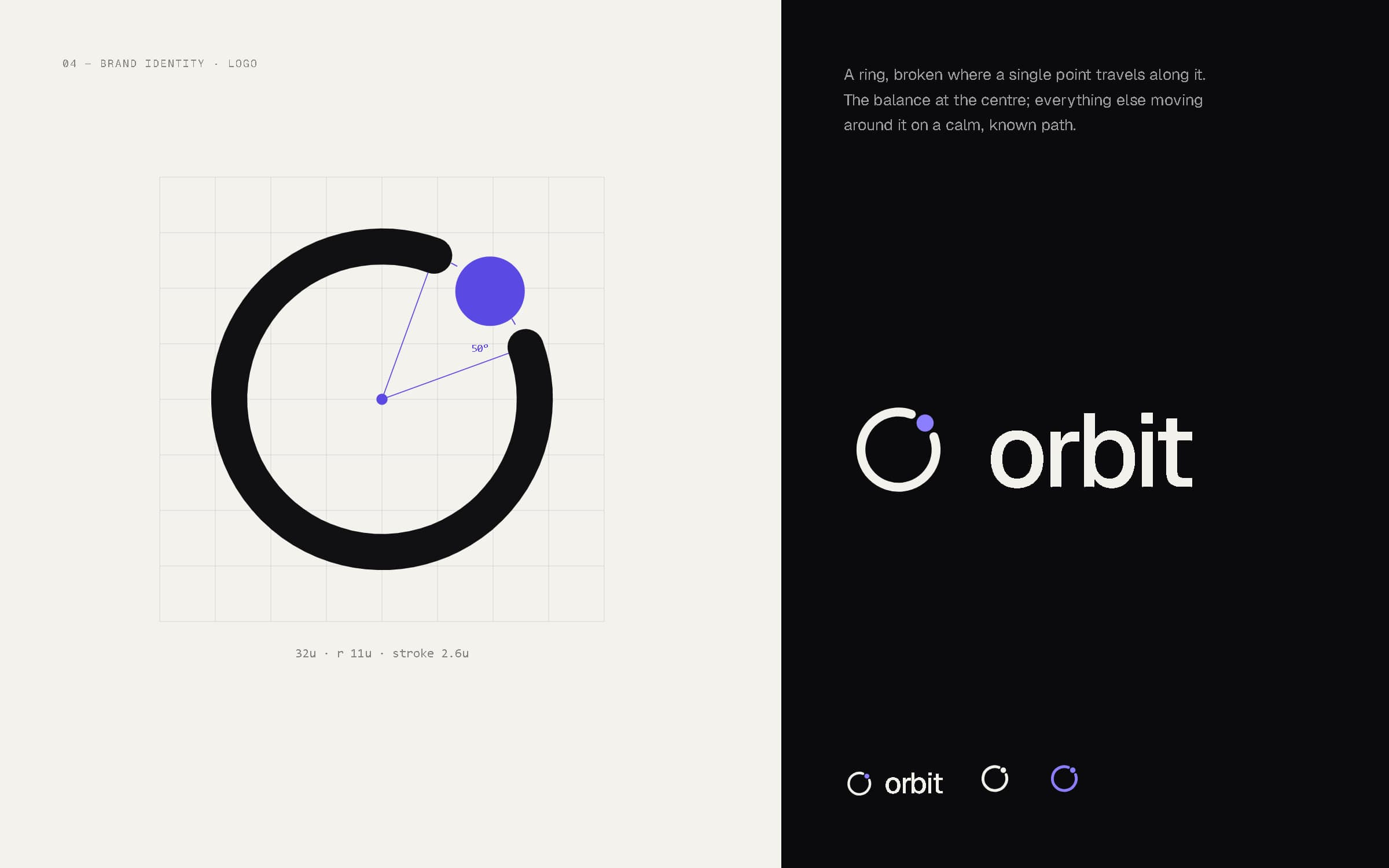 Construction drawing of the ORBIT mark on a grid, beside the orbit lockup in several sizes on near-black.