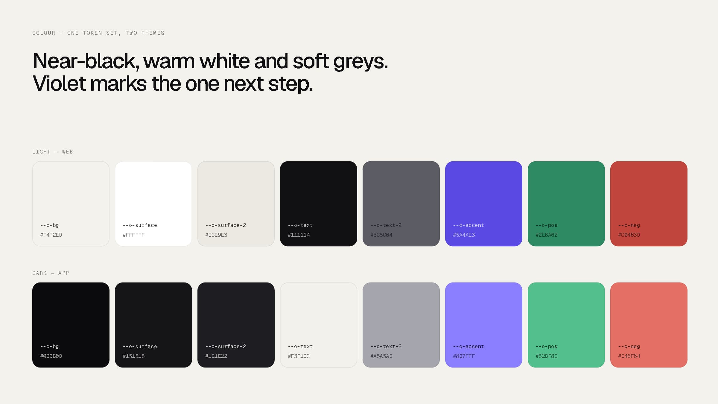 Colour token swatches for the light web theme and the dark app theme.