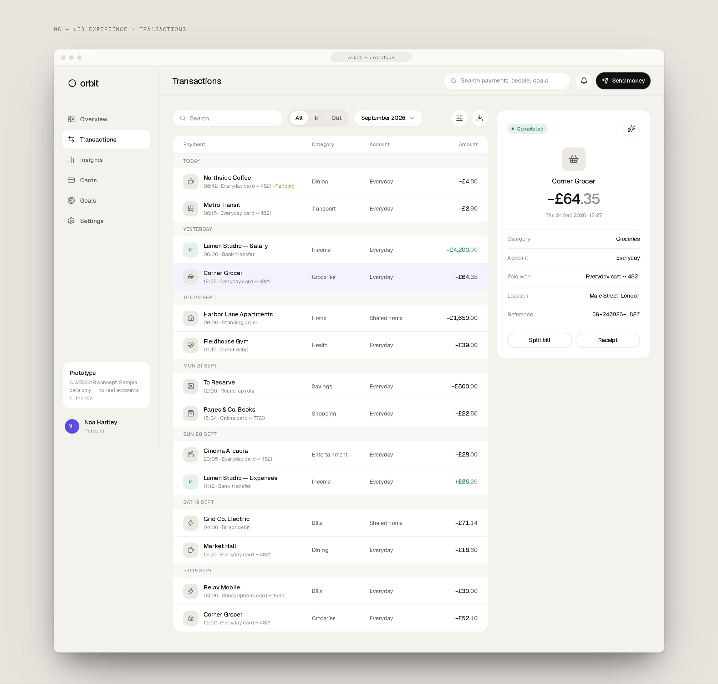 The ORBIT web transactions view: a filtered table grouped by day, with a payment detail panel.