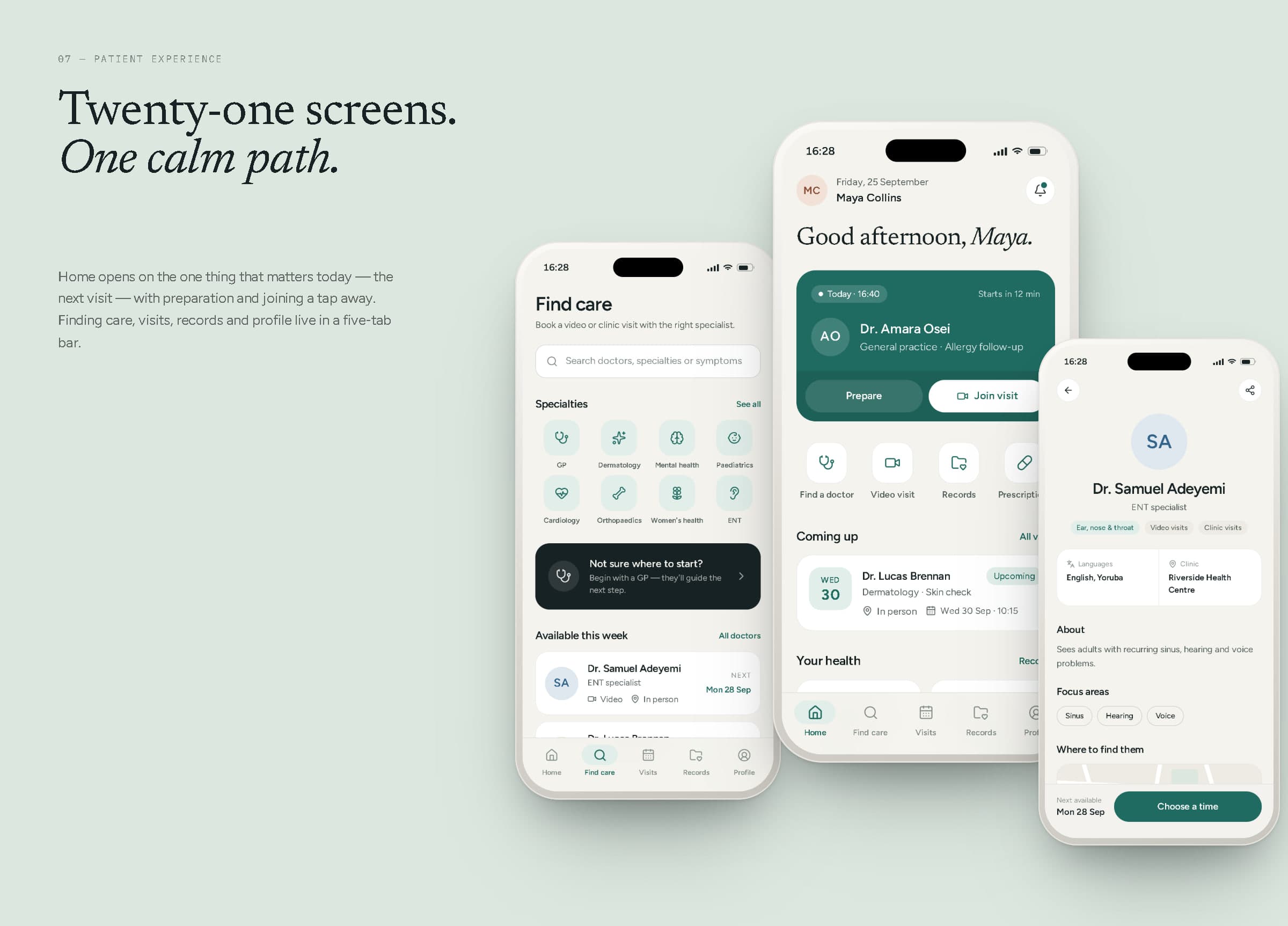Three phones showing the HAVEN find care screen, home screen and a doctor profile.