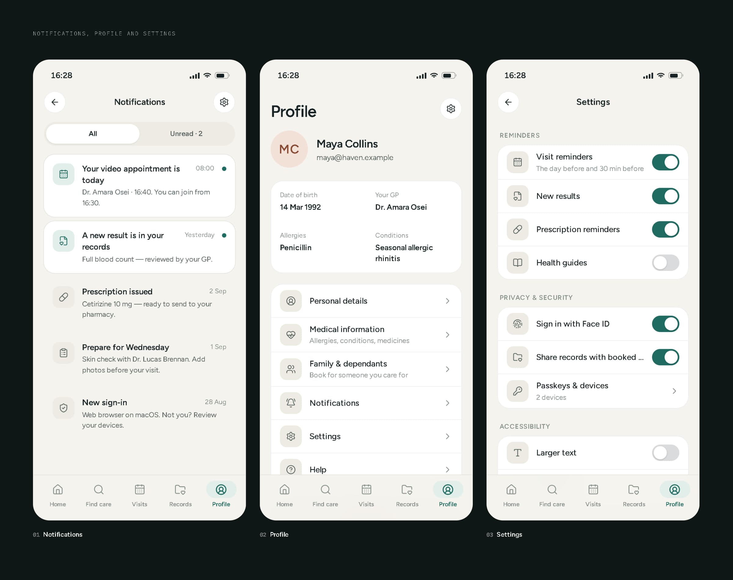 Three large HAVEN app screens on dark: notifications, profile and settings.