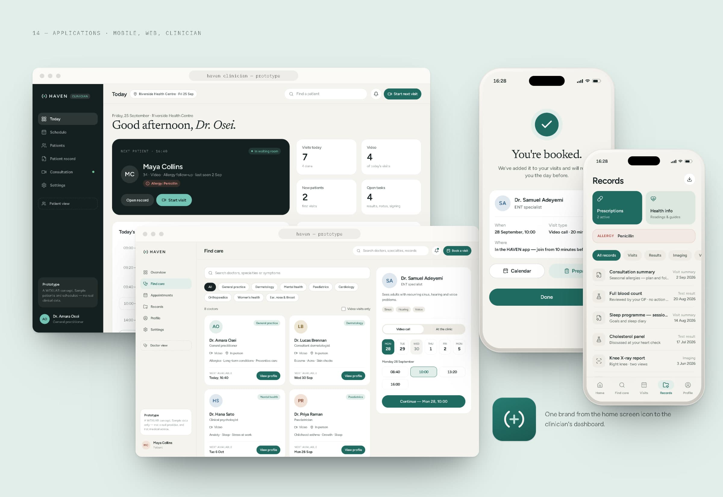 The HAVEN clinician dashboard and patient doctor discovery in browsers, beside phones showing a booking confirmation and records, and the app icon.