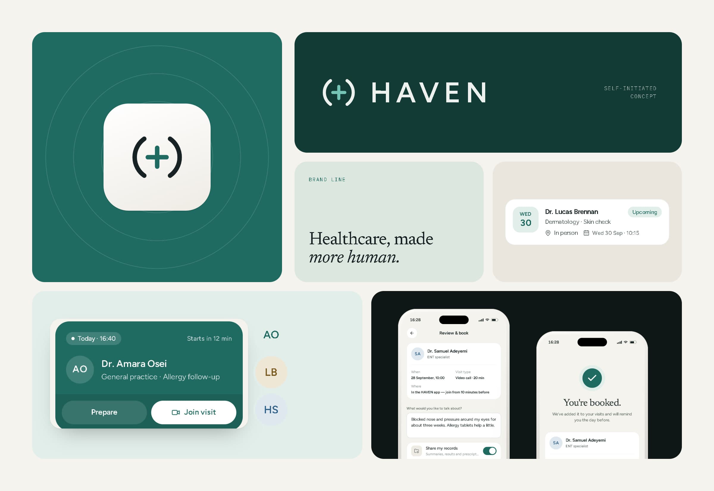 Bento grid of HAVEN: app icon, lockup, brand line, an appointment card, the next-visit card with doctor initials, and booking screens.