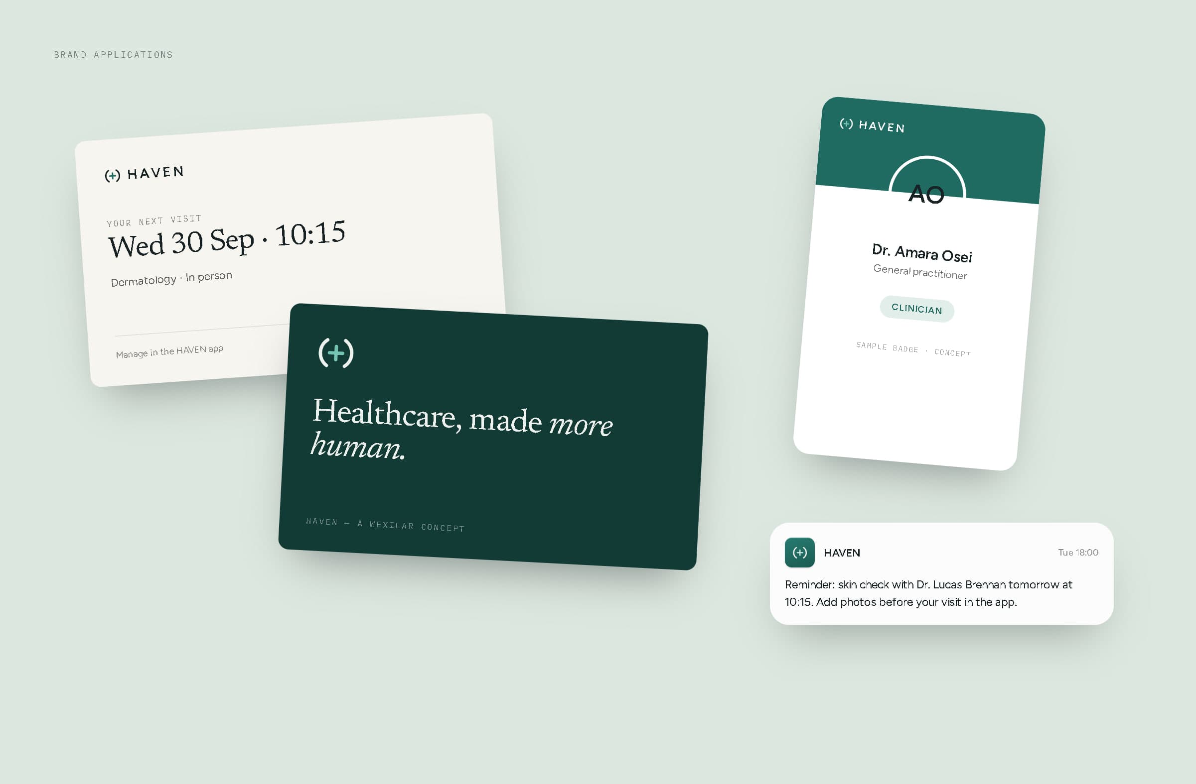 A printed HAVEN appointment card, a deep teal brand card, a clinician badge and a reminder message on a sage background.