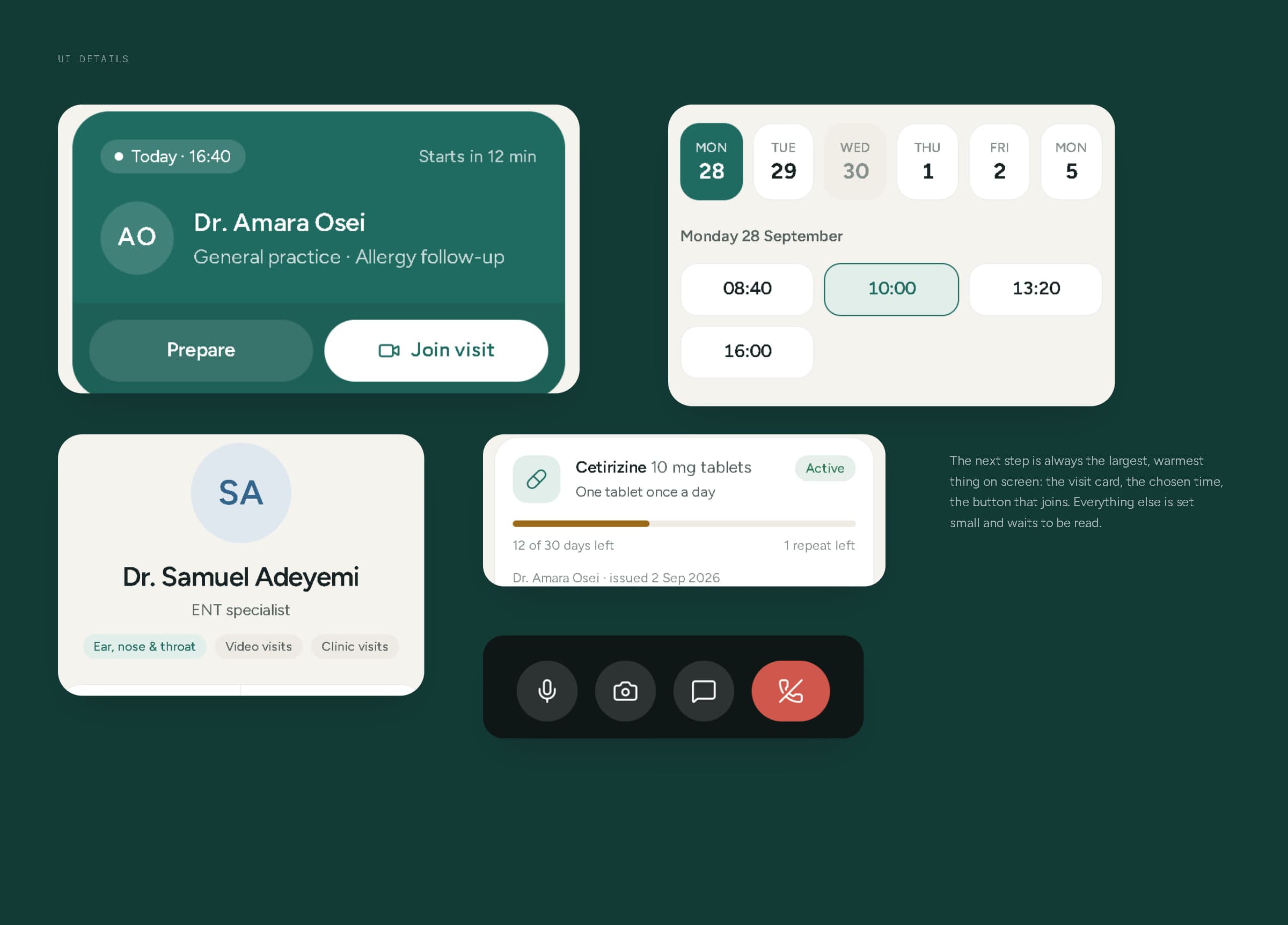Magnified interface details: the next-visit card, the time picker, a doctor profile header, a prescription card and consultation call controls.