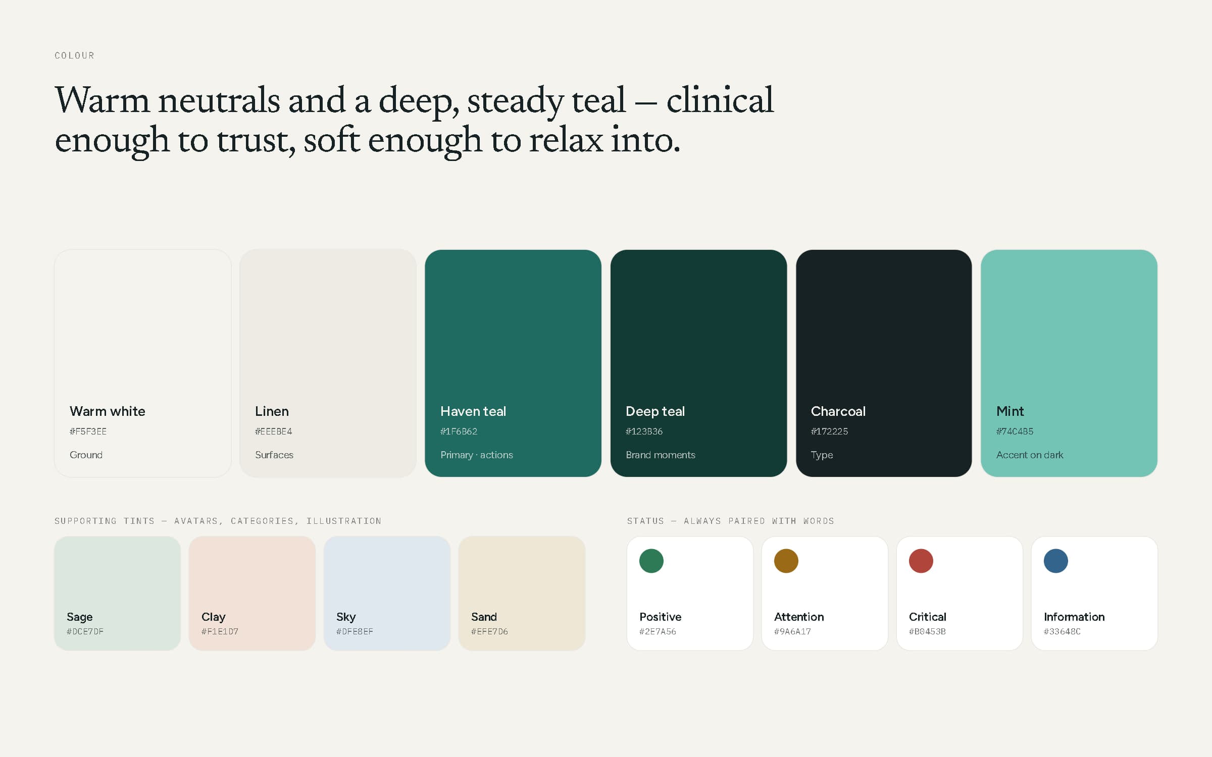 Colour board: six primary swatches, four supporting tints and four status colours.