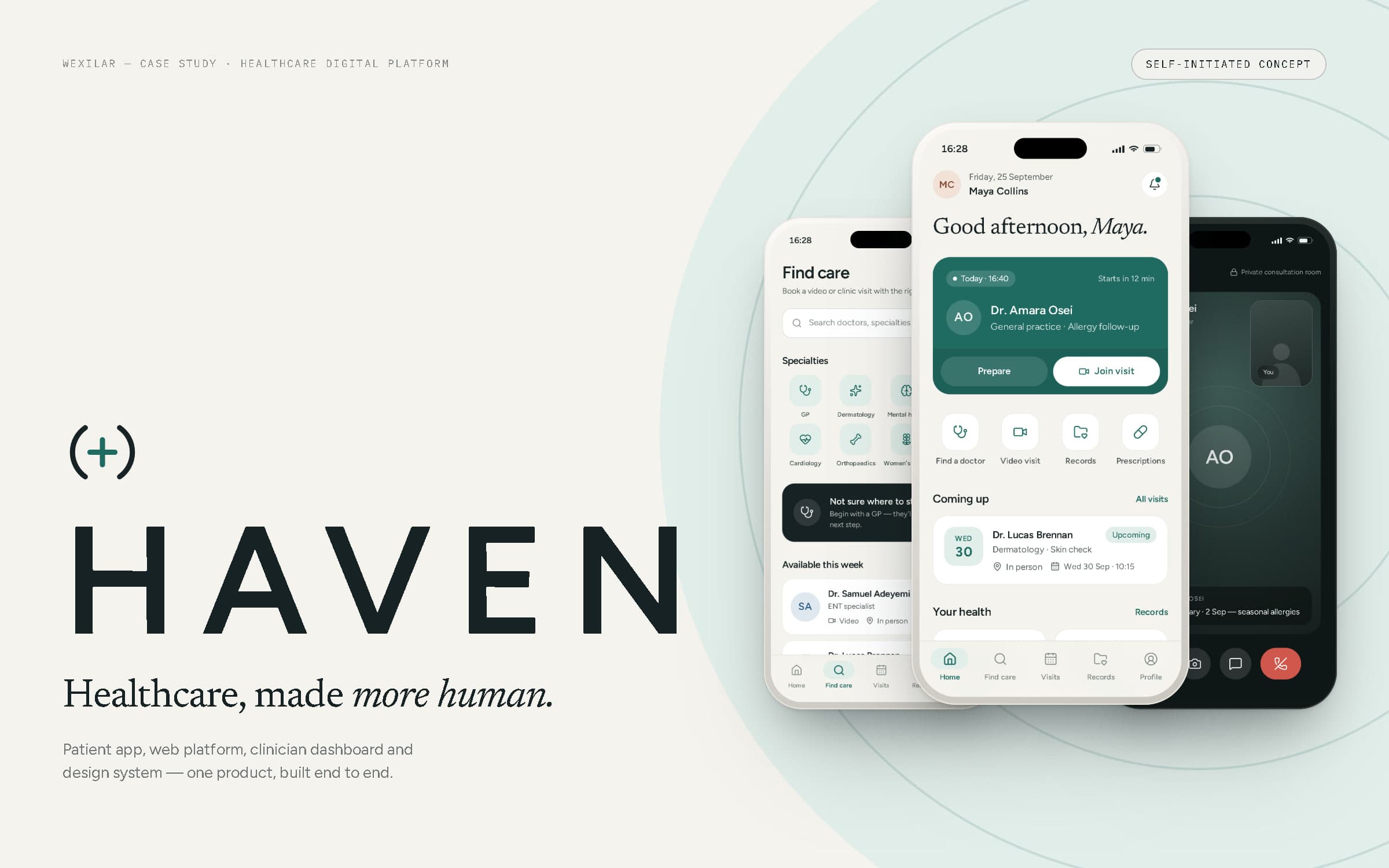 HAVEN cover: the plus-between-arcs mark, the HAVEN wordmark and 'Healthcare, made more human.' beside three phone screens of the app.