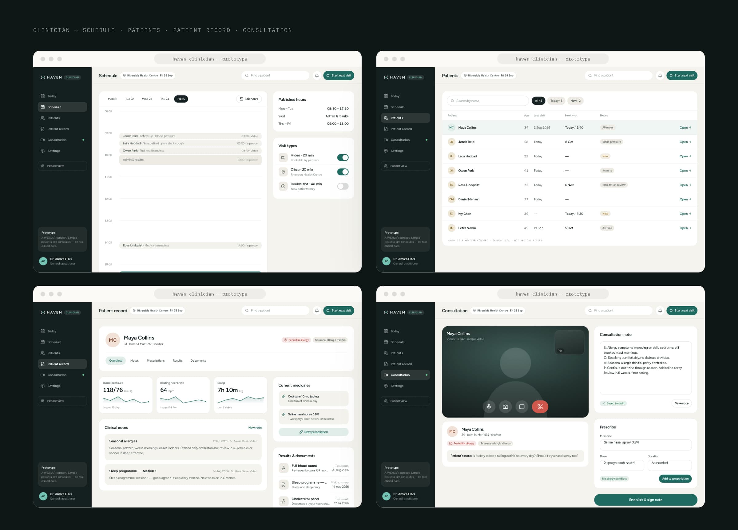 Four browser windows showing the clinician schedule, patient list, patient record and consultation views.