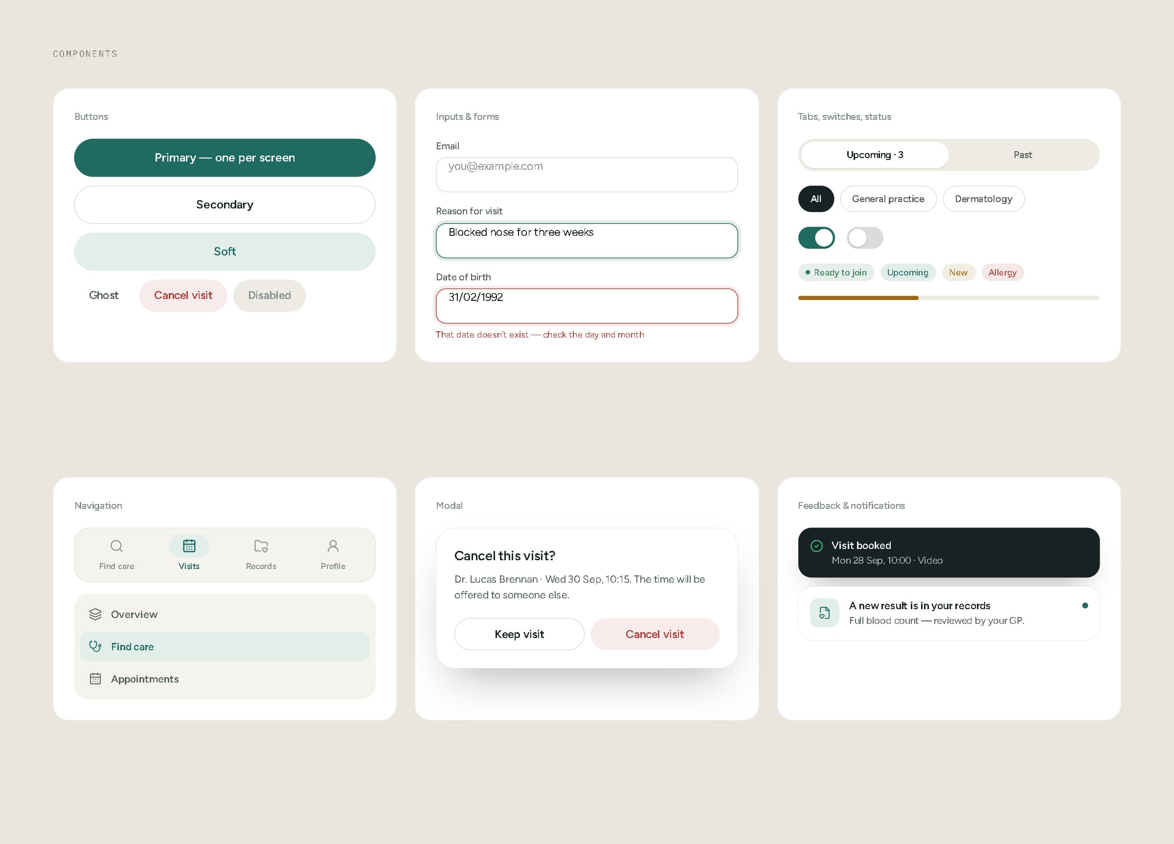 Component board: buttons, form inputs with focus and error states, tabs, chips, switches, status badges, navigation, a cancel-visit modal, a toast and a notification.
