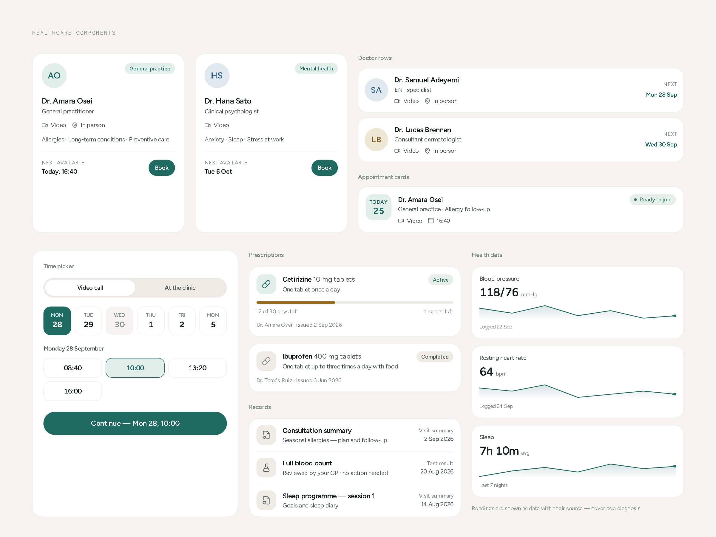 Healthcare component board: doctor cards and rows, an appointment card, the time picker, prescription cards, record rows and health reading tiles.