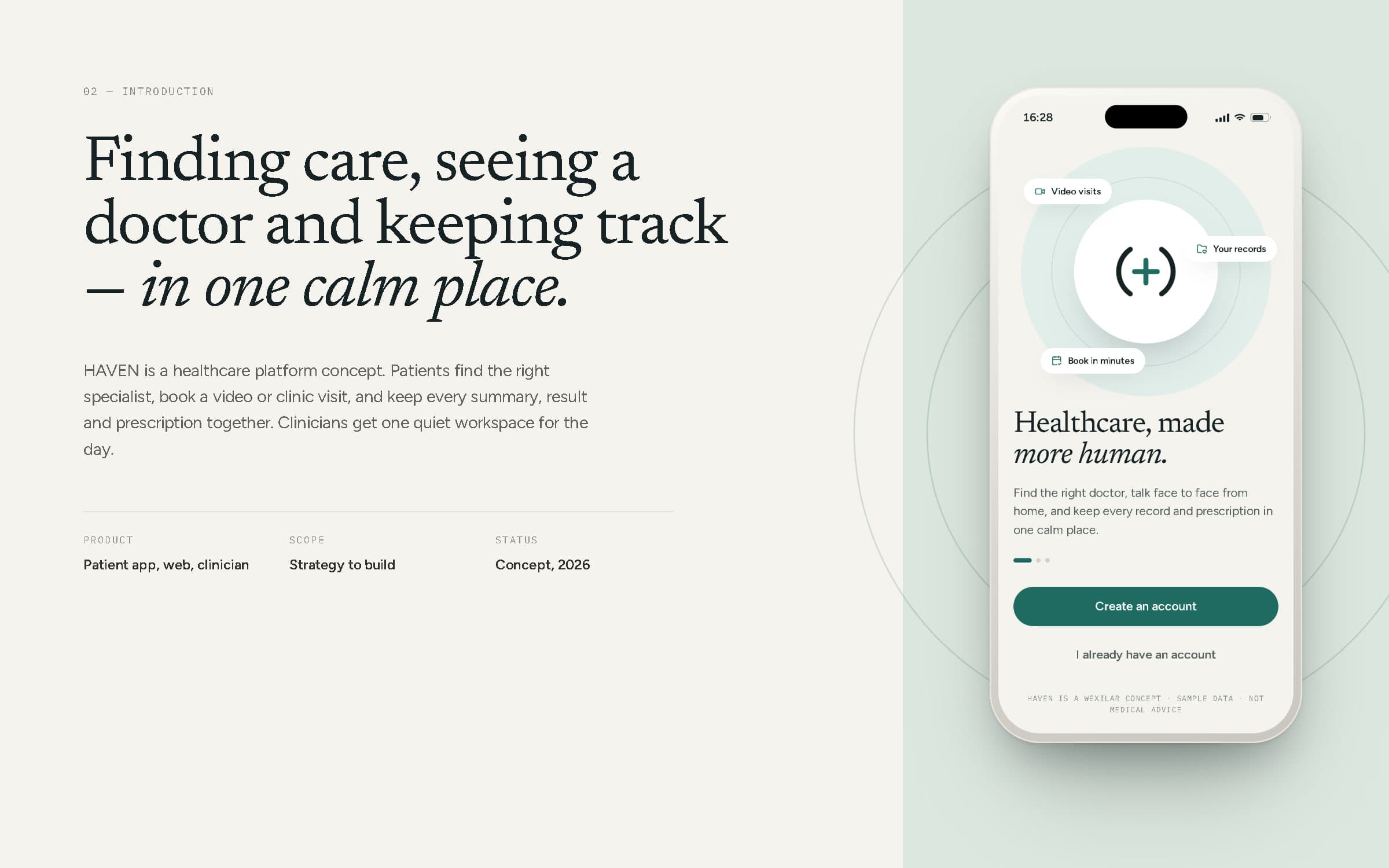 Introduction board: 'Finding care, seeing a doctor and keeping track — in one calm place' beside the HAVEN welcome screen on a phone.