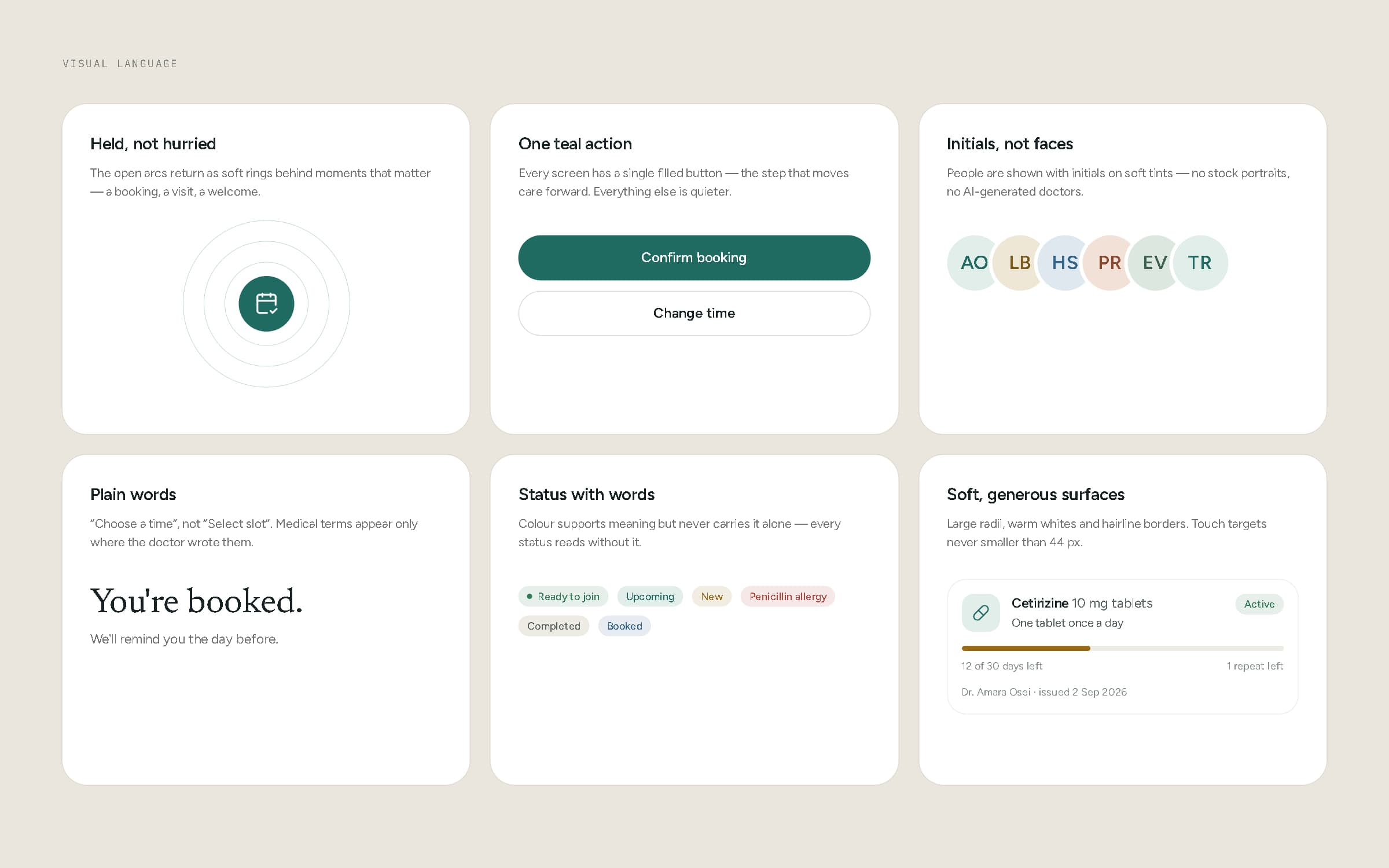 Six tiles describing HAVEN's visual language, each with a live interface example.