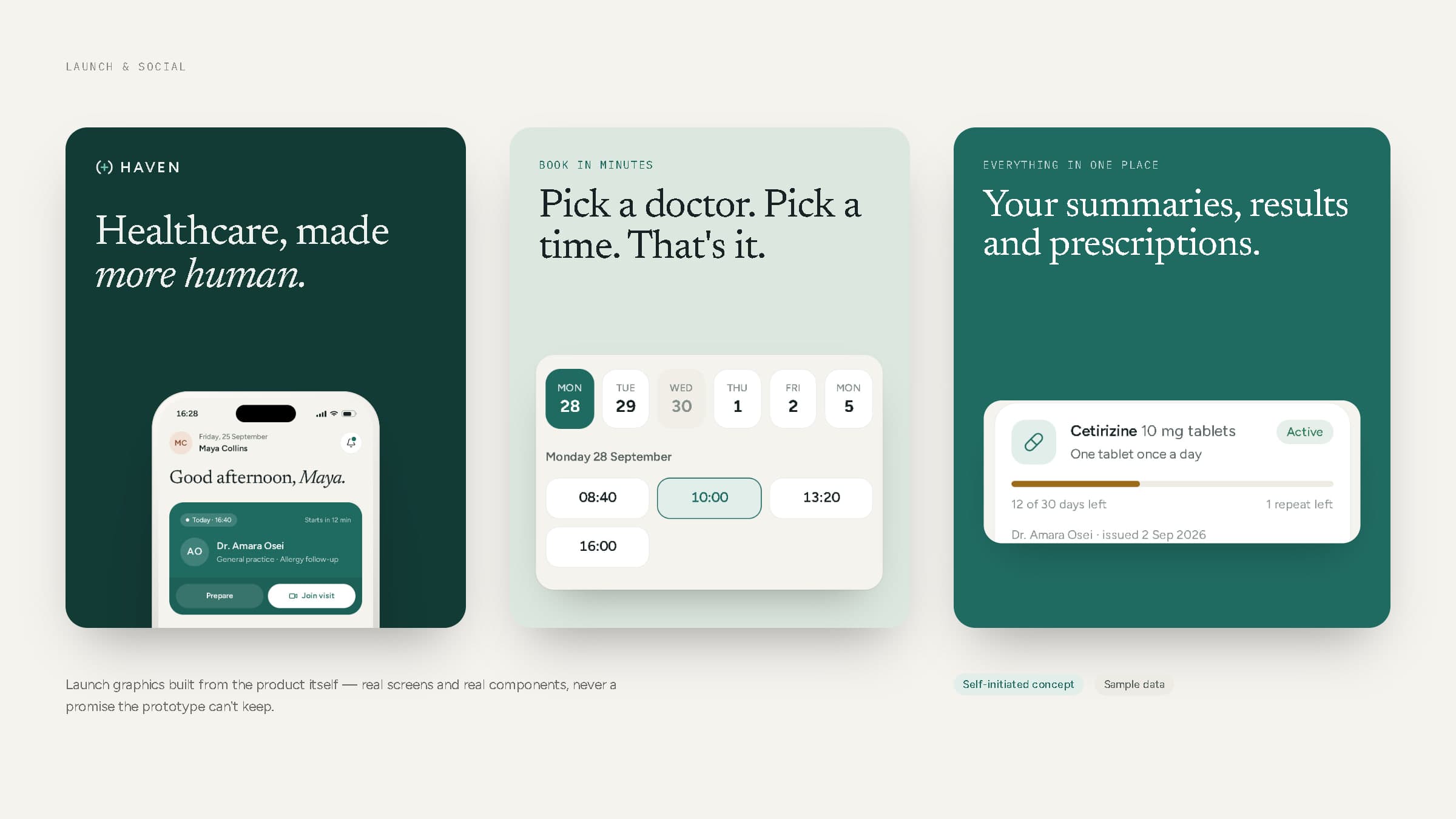 Three HAVEN launch graphics: 'Healthcare, made more human.', 'Pick a doctor. Pick a time. That's it.' and 'Your summaries, results and prescriptions.'