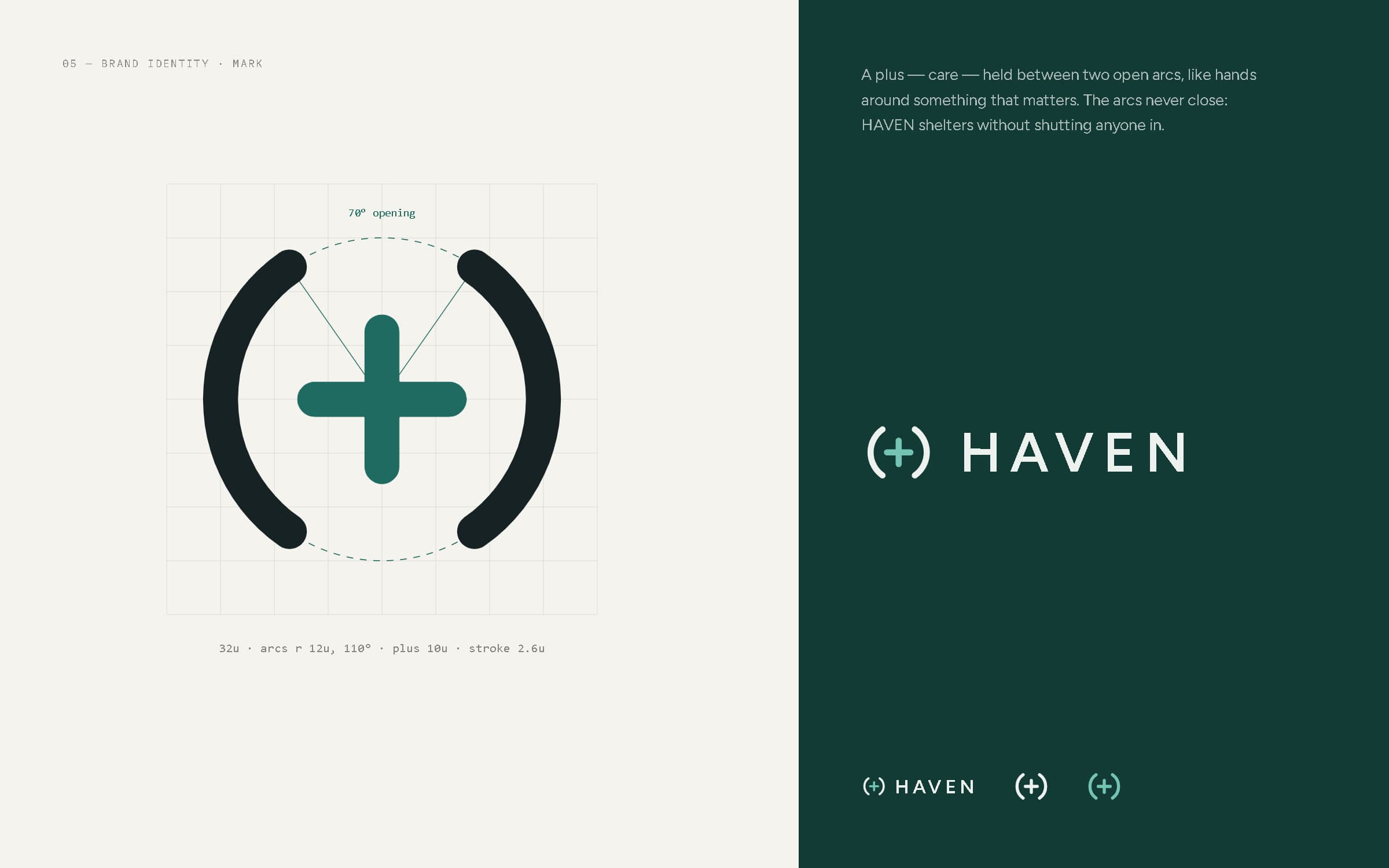 Construction drawing of the HAVEN mark on a grid, beside the HAVEN lockup and mark variations on deep teal.