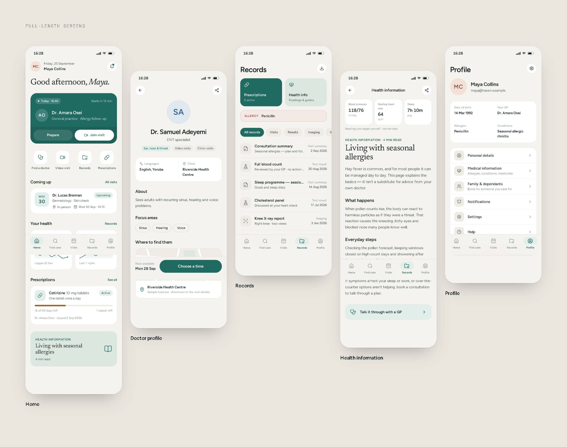 Five full-length HAVEN app screens side by side.
