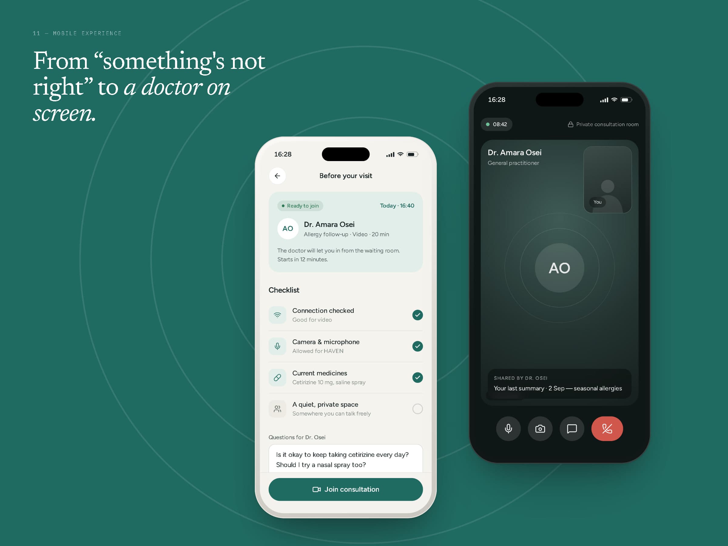 Two large phones on teal: the preparation checklist and the dark video consultation screen.