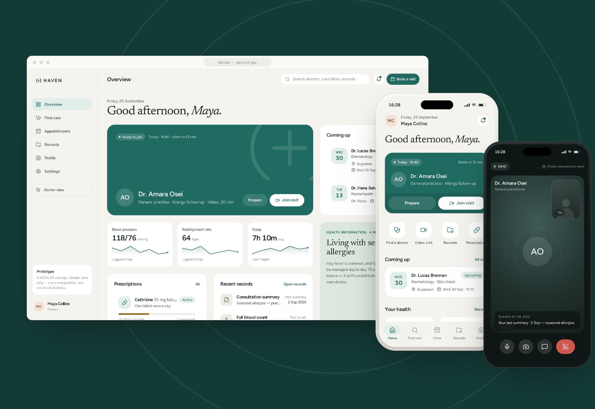The HAVEN patient dashboard in a browser beside the home screen and the video consultation on two phones.