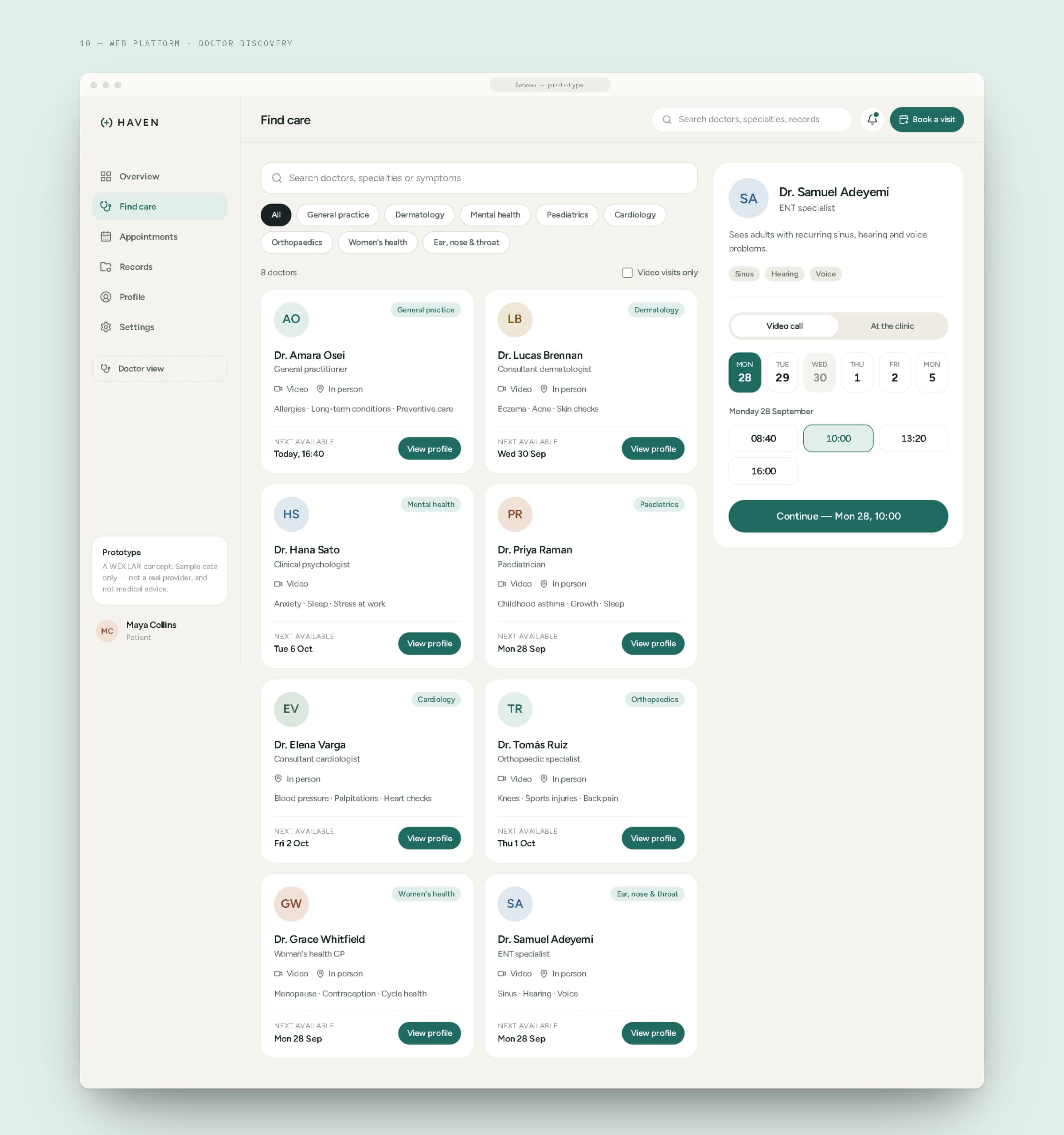 The HAVEN web doctor discovery view: search, specialty filters, a grid of doctor cards and a booking panel with a time picker.