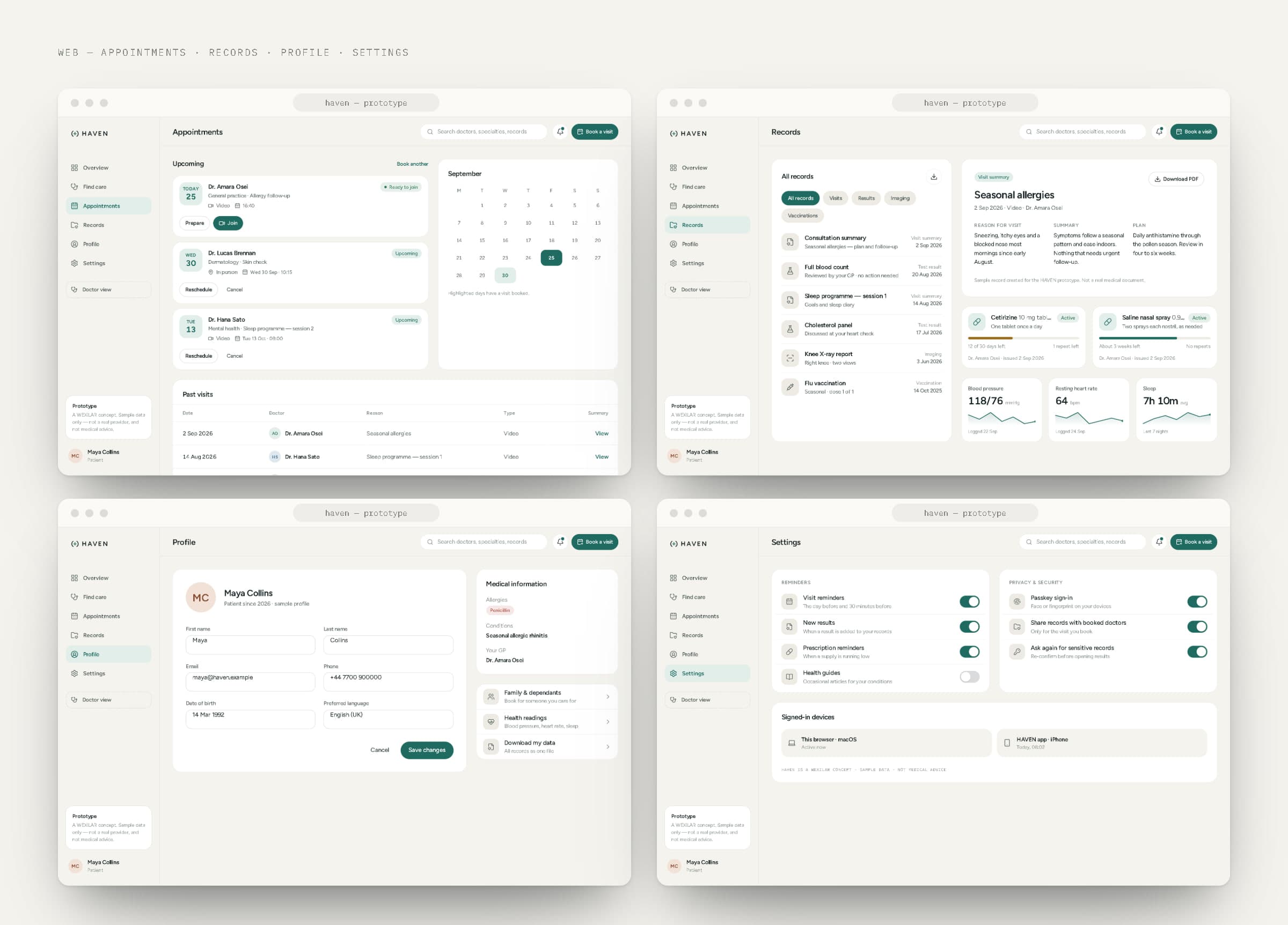 Four browser windows showing HAVEN web appointments, records, profile and settings.