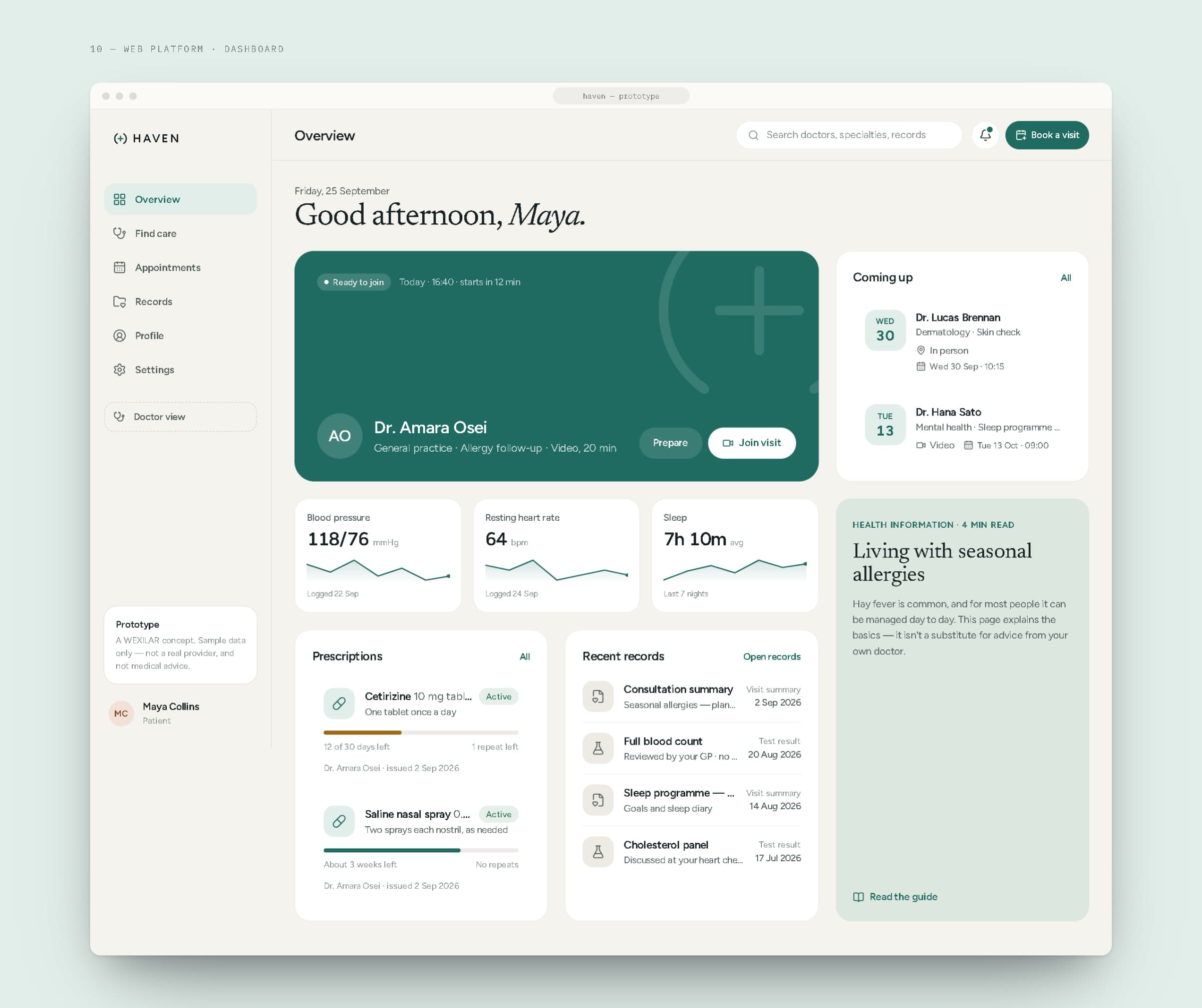 The HAVEN patient web dashboard: next visit card, upcoming visits, health readings, health information, prescriptions and recent records.