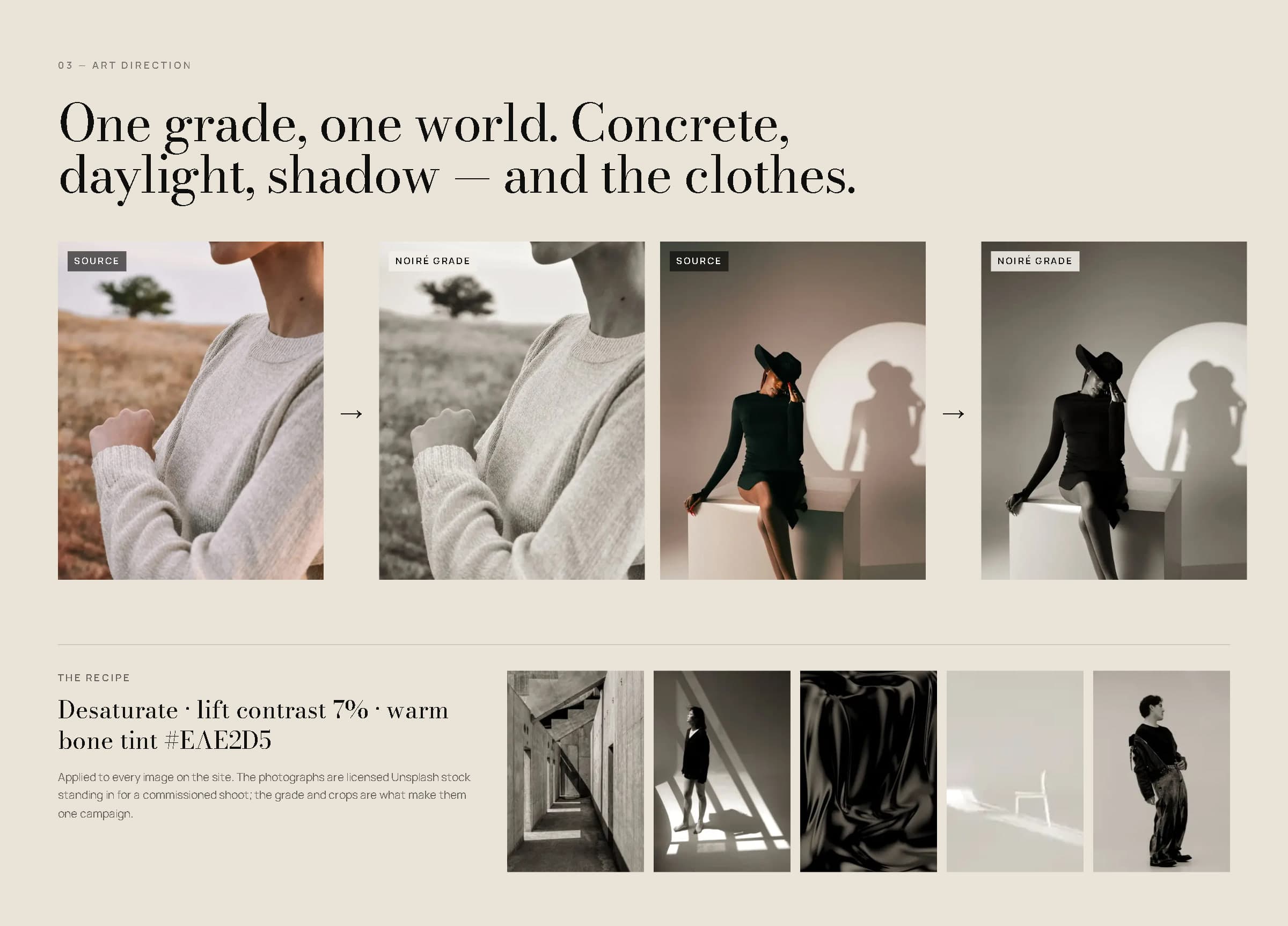 Art direction board: two source photographs beside their NOIRÉ-graded versions, the grade recipe, and a strip of campaign images.