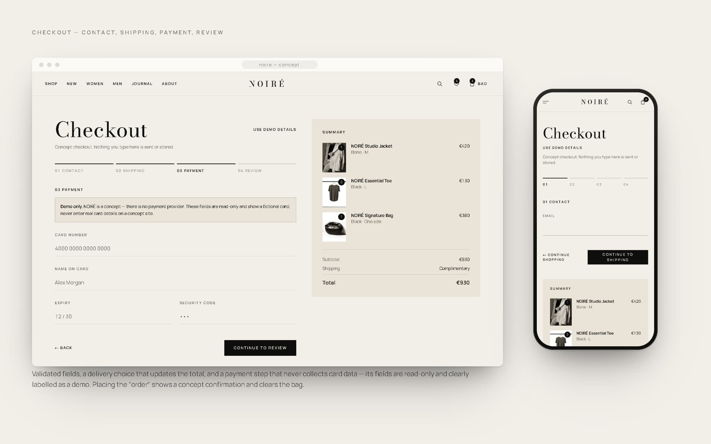 The NOIRÉ checkout at the payment step in a browser, with demo card fields and an order summary, beside checkout on a phone.