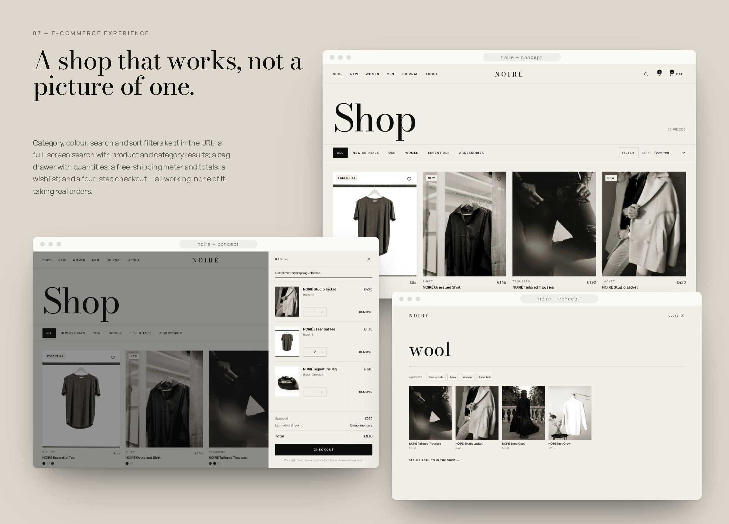 E-commerce board: the NOIRÉ shop grid, the open bag drawer, and search results for 'wool', each in a browser.