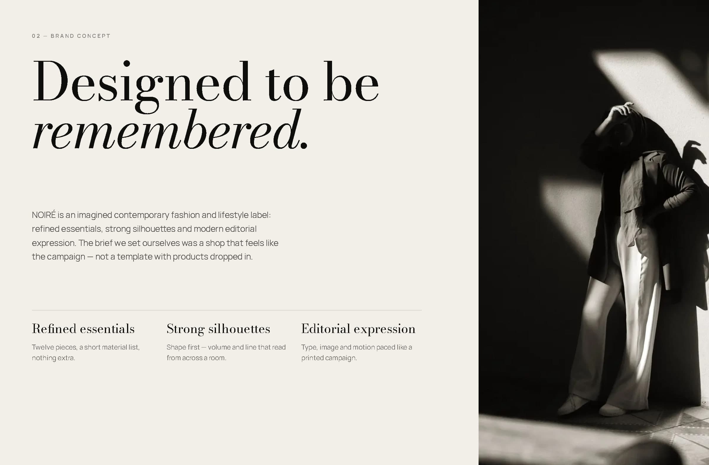 Brand concept board: 'Designed to be remembered.' with three brand pillars beside a photograph of a figure in shadow.