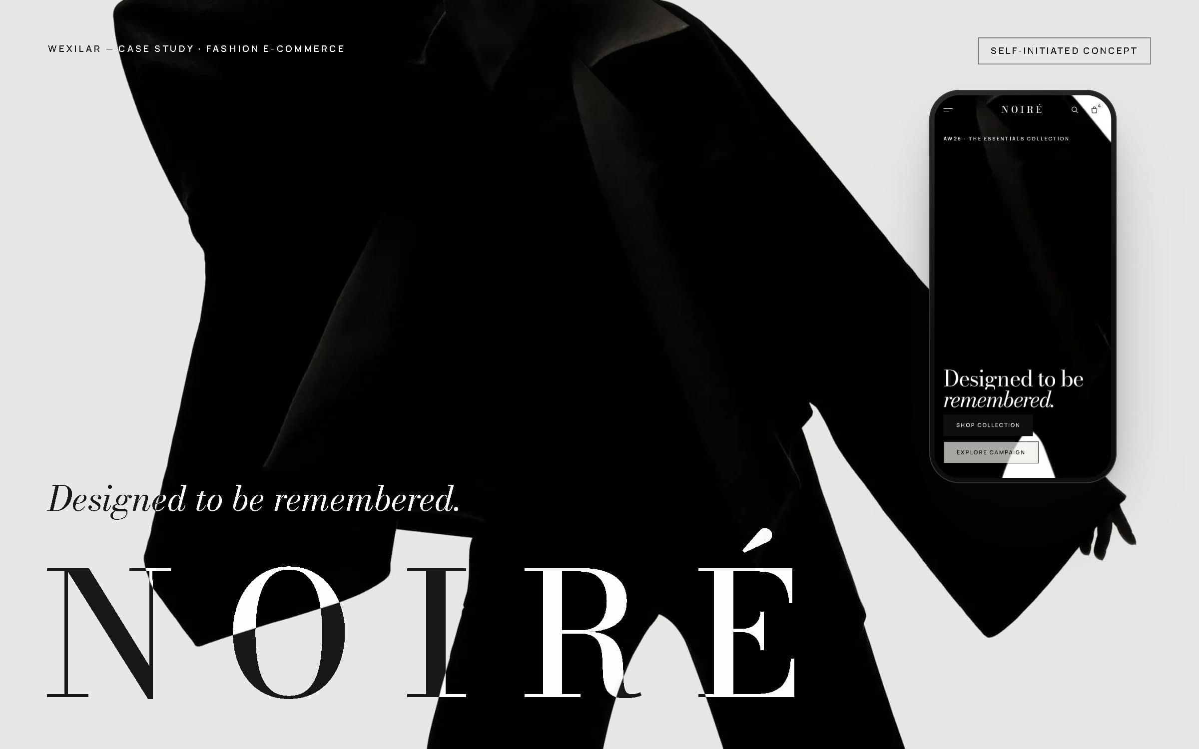 NOIRÉ cover: the wide-tracked NOIRÉ wordmark and 'Designed to be remembered.' over a black coat silhouette on white, with the site on a phone.