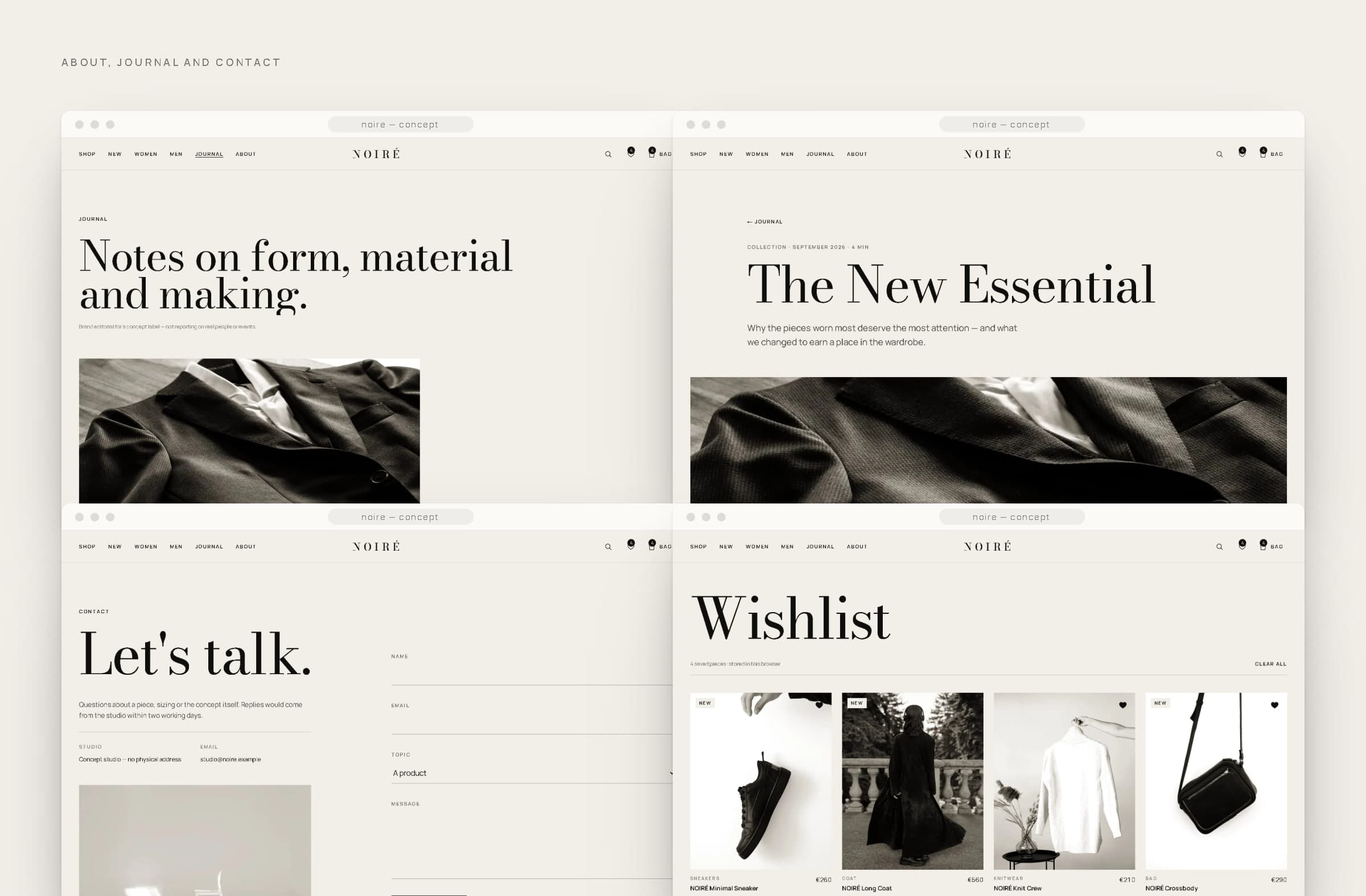 Four browser windows: the NOIRÉ journal, an article, the contact page and the wishlist.