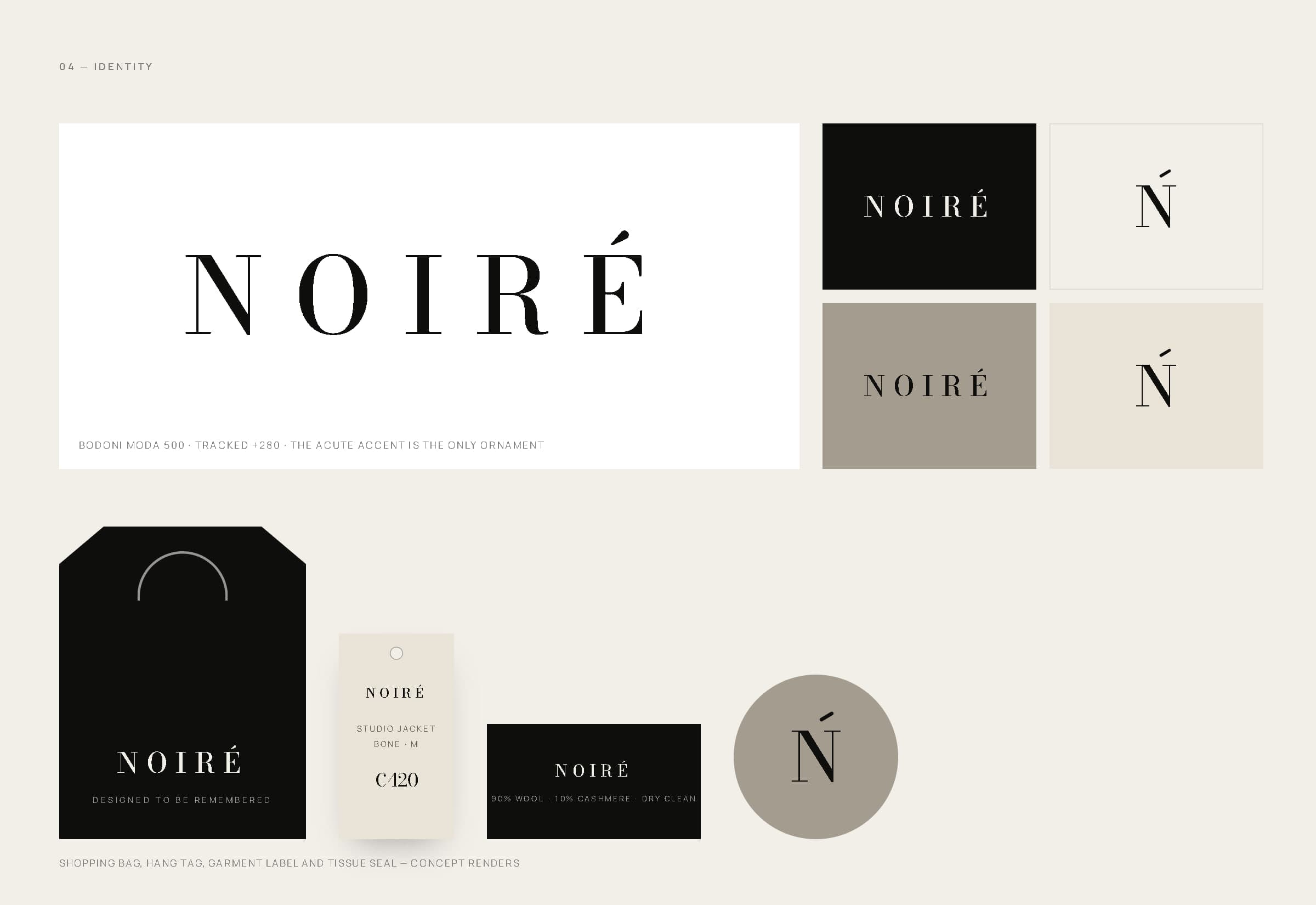 Identity board: the NOIRÉ wordmark, monogram lockups on four colours, and drawings of a shopping bag, hang tag, garment label and tissue seal.