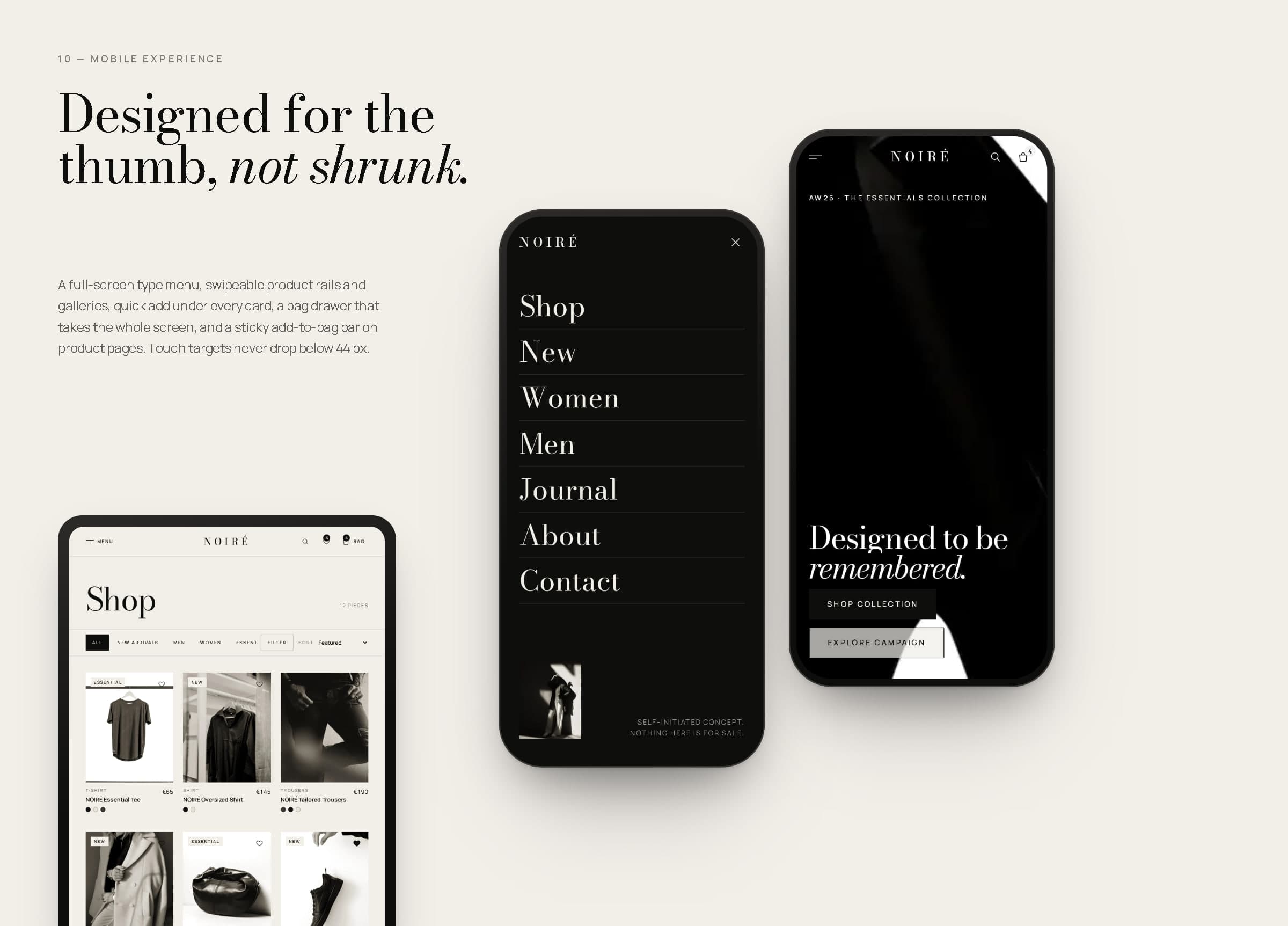 Mobile board: the full-screen NOIRÉ menu and homepage on phones, and the shop on a tablet.