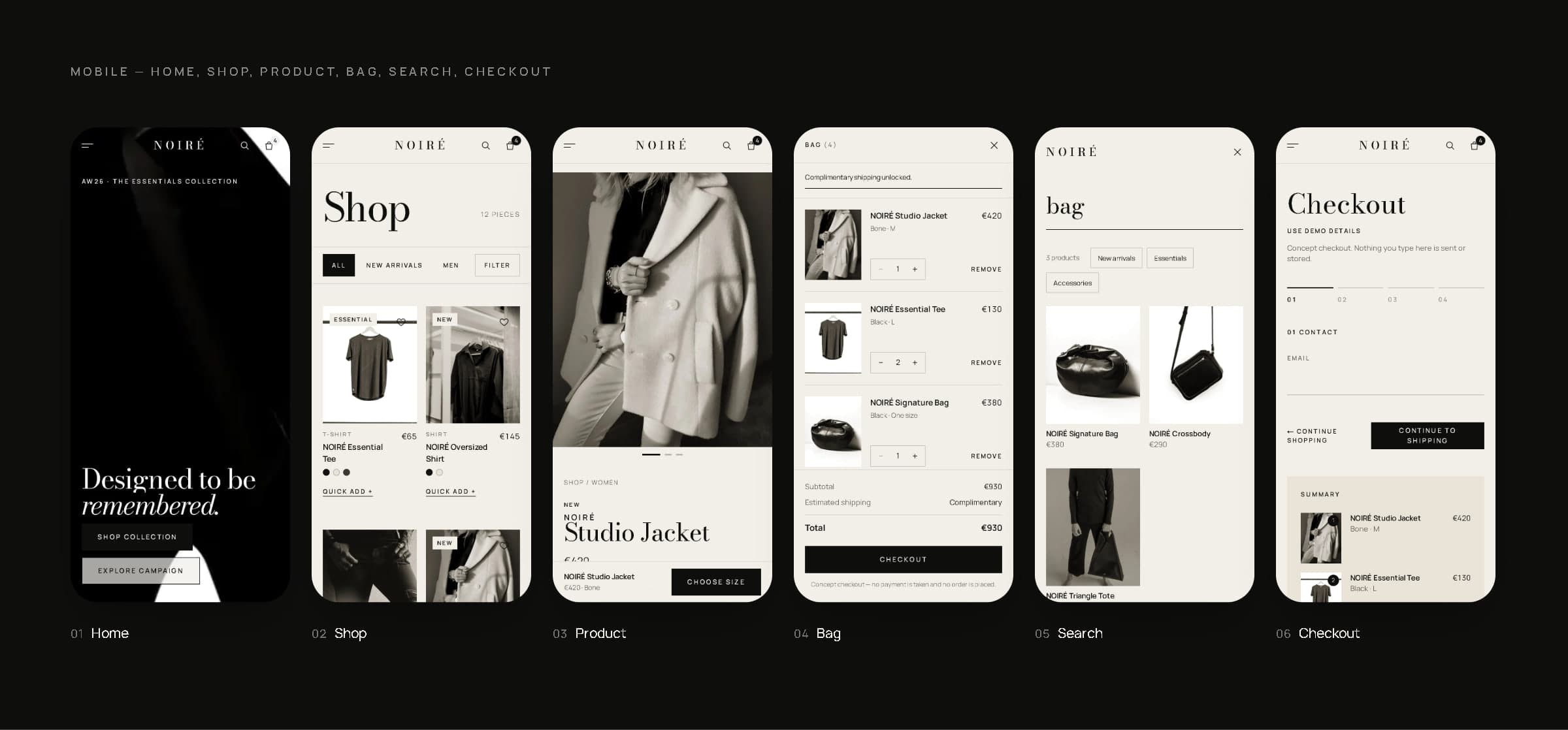 Six NOIRÉ mobile screens: home, shop, product, bag, search and checkout.