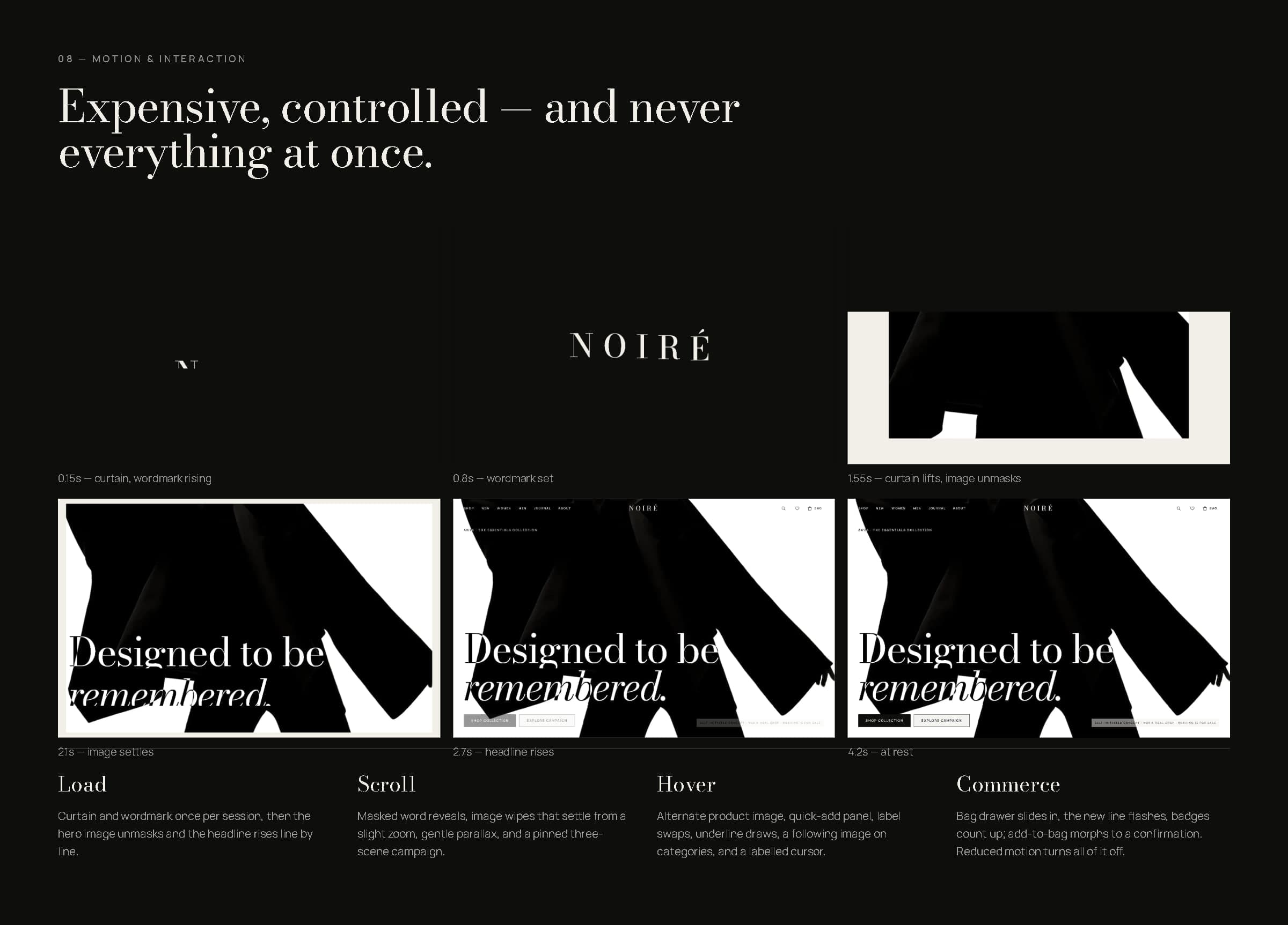 Motion board: six frames of the homepage intro from curtain to settled hero, and notes on load, scroll, hover and commerce motion.