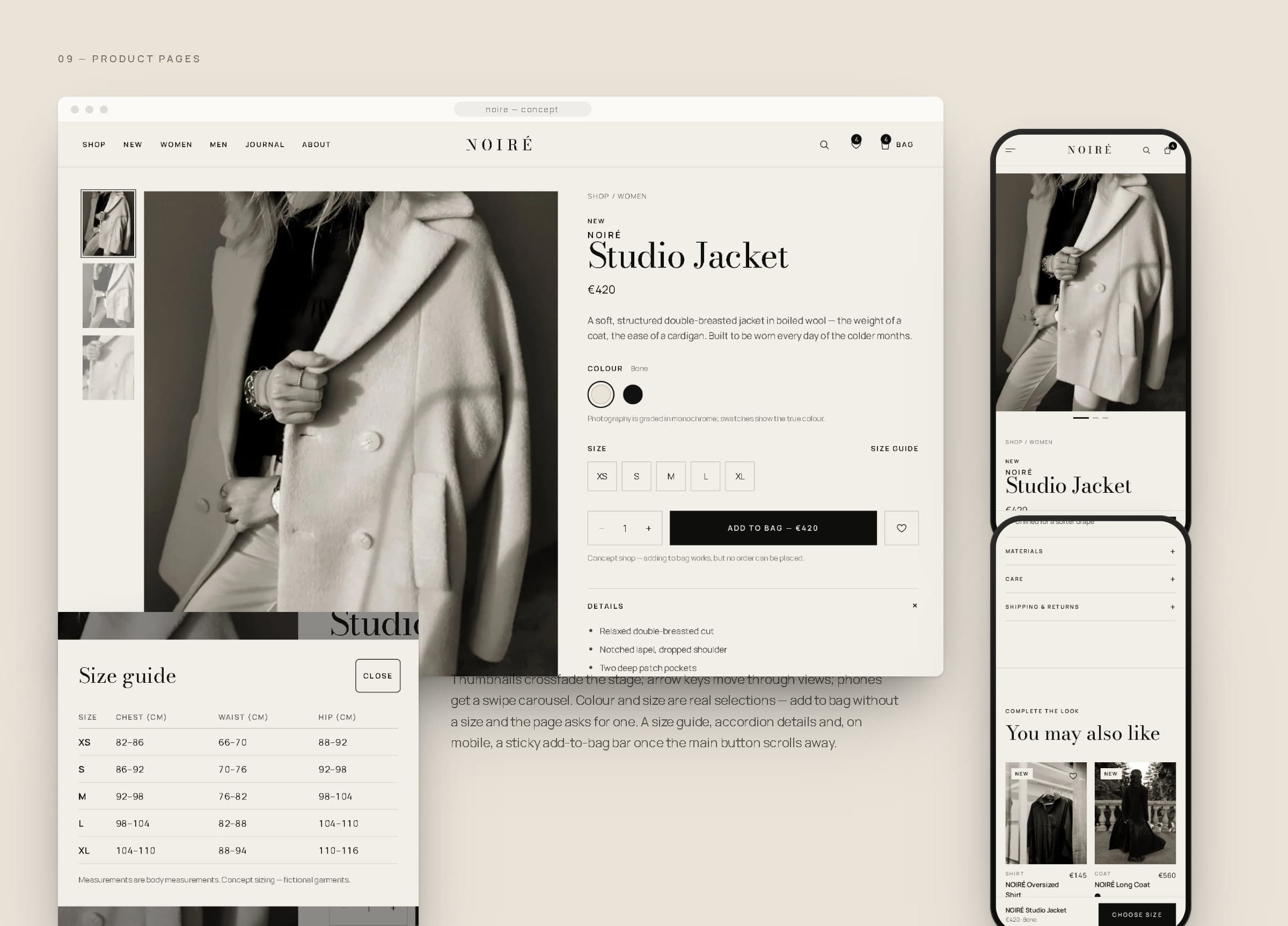 Product page board: the Studio Jacket page in a browser, the size guide, and two phones showing the product and the sticky add-to-bag bar.