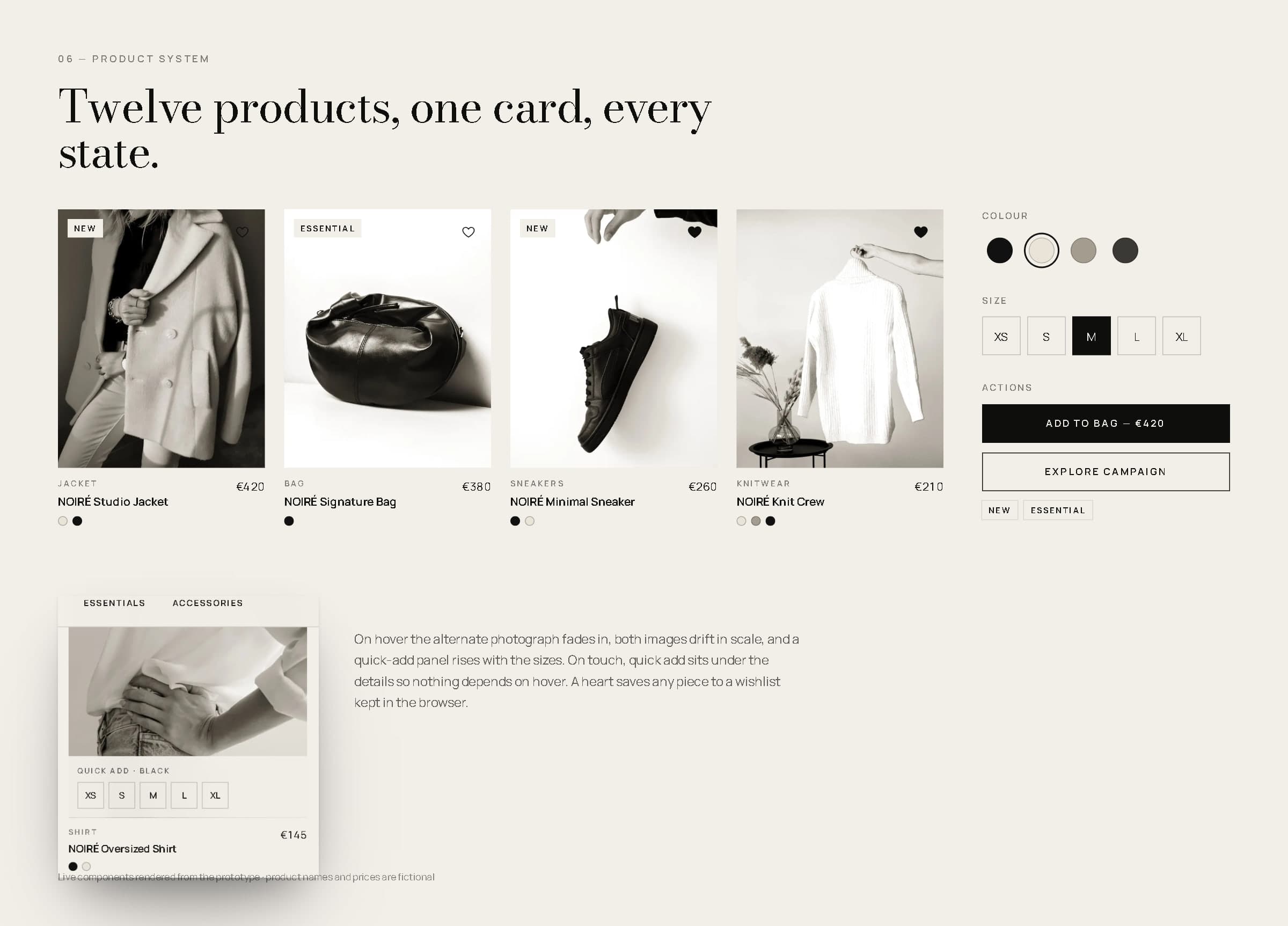 Product system board: four live product cards, colour swatches, size chips, buttons, badges and a cropped hover state with the quick-add panel.